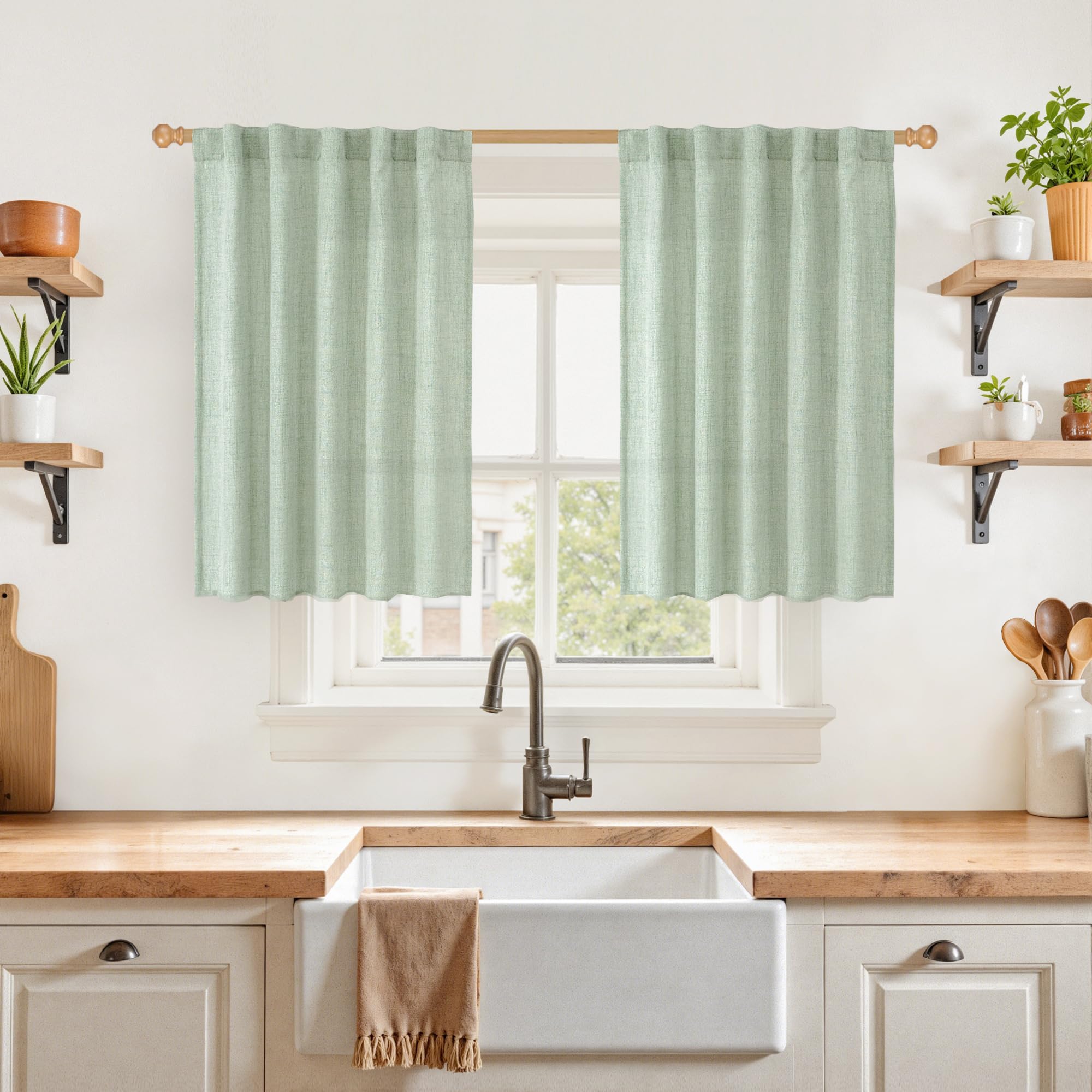 Sage Green Linen Kitchen Window Curtains 36 Inch Length 2 Panels (2 Count)