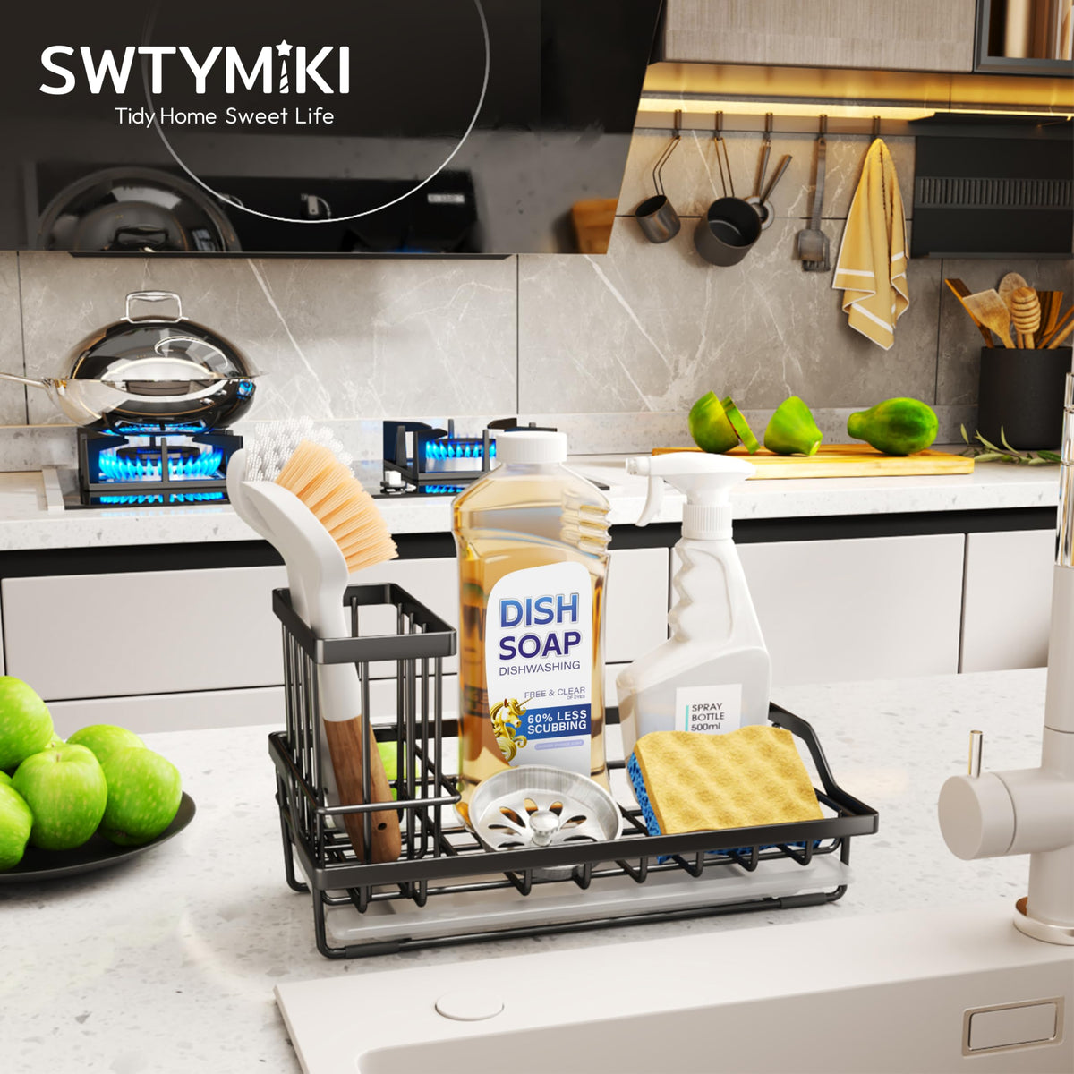 Large Sink Caddy Kitchen Sink Organizer with Detachable Brush Holder