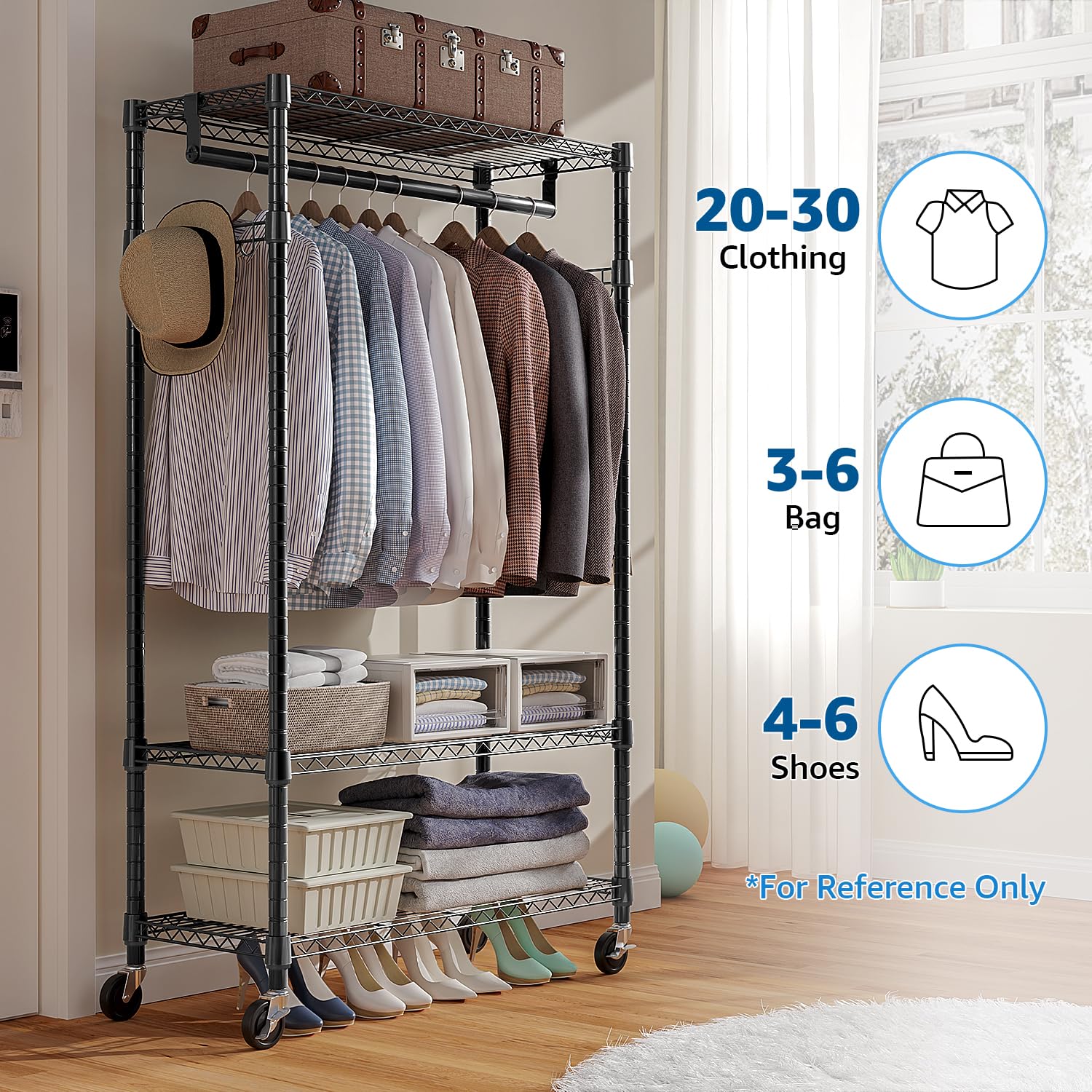 Heavy Duty Rolling Garment Rack 3 Tiers Adjustable Wire Shelving Clothes Rack with Rods and Side Hooks