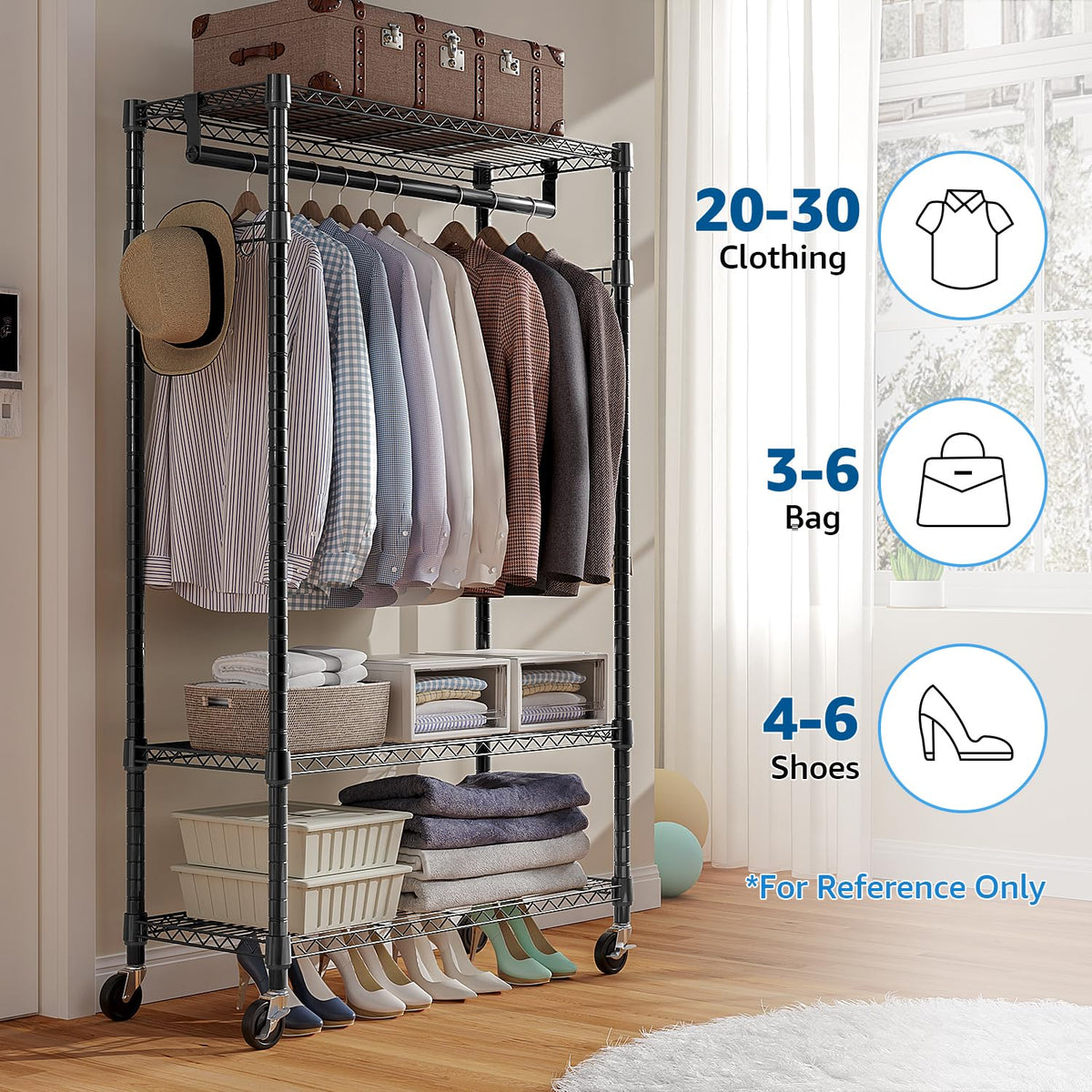 Heavy Duty Rolling Garment Rack 3 Tiers Adjustable Wire Shelving Clothes Rack with Rods and Side Hooks