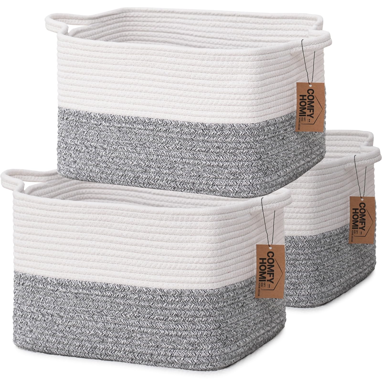 3 Pack Cotton Rope Woven Rectangular Basket with Handles for Organizing (3 Count)
