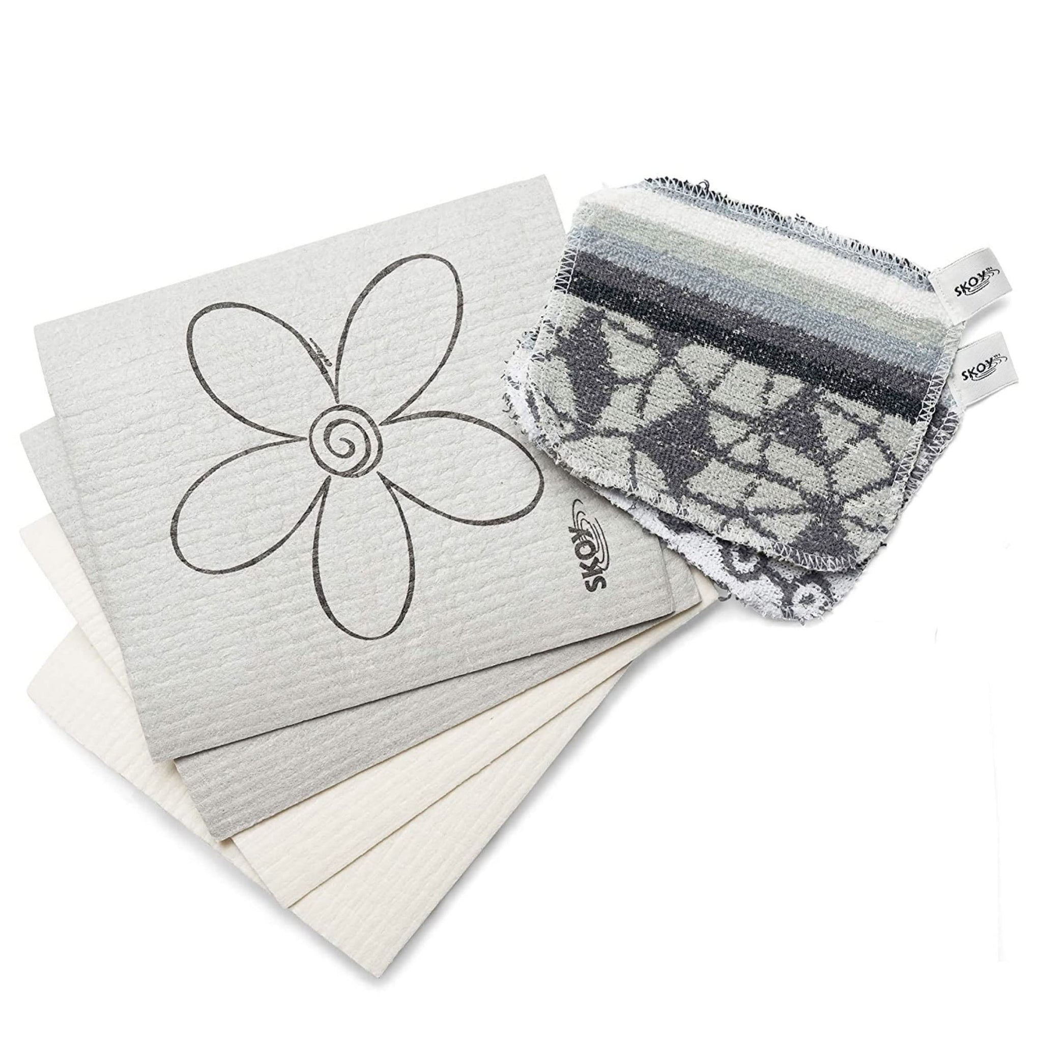 Bundle, 2-Pack Skoy Scrub, and 4-Pack Skoy Swedish Dishcloth, Reusable Cleaning Products for Kitchen and Household, Planet-Friendly, Dishwasher Safe Soft Scrub, Monochromatic Colors (2 Count)