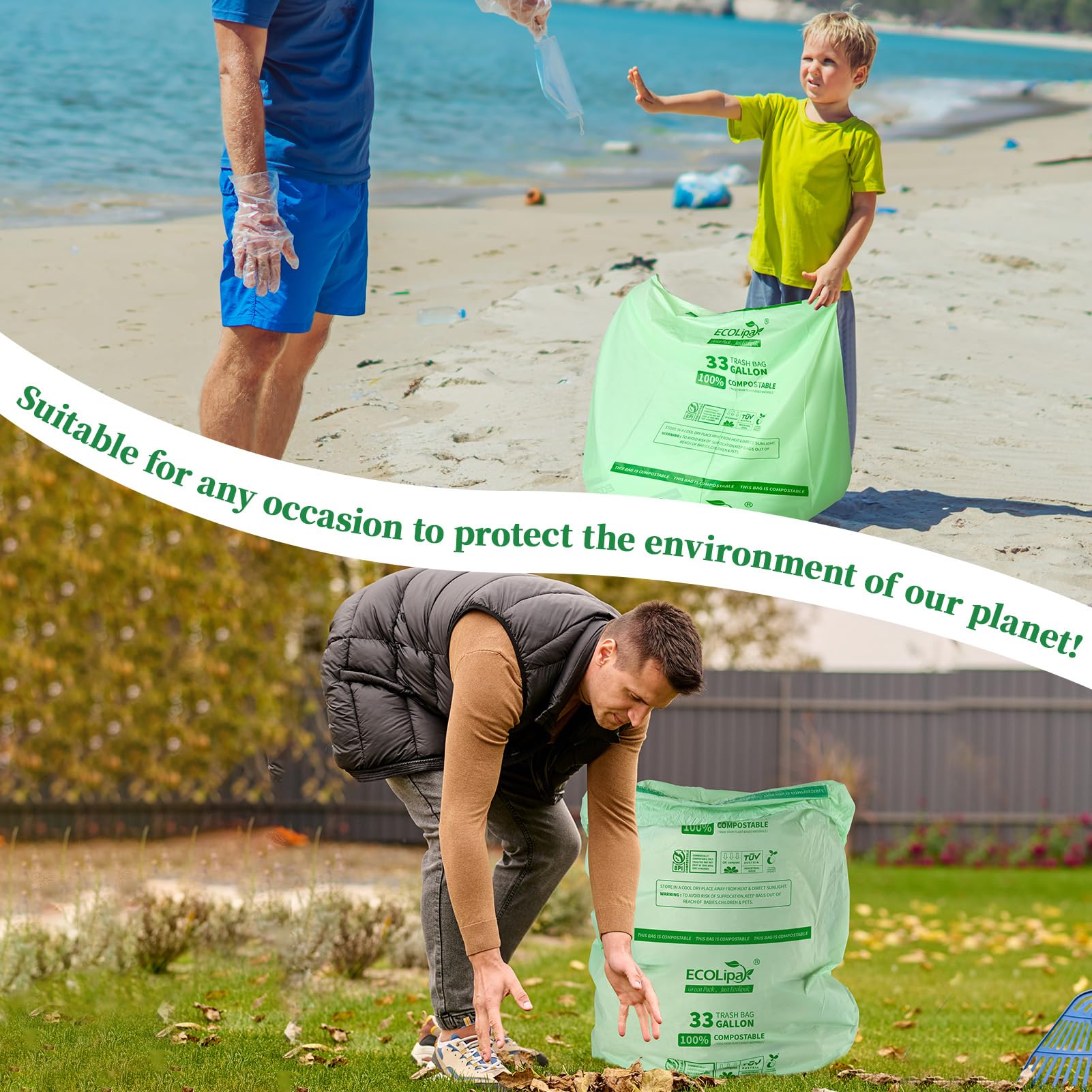 33 Gallon 50 Count Large Compostable Trash Garbage Bags for Lawn