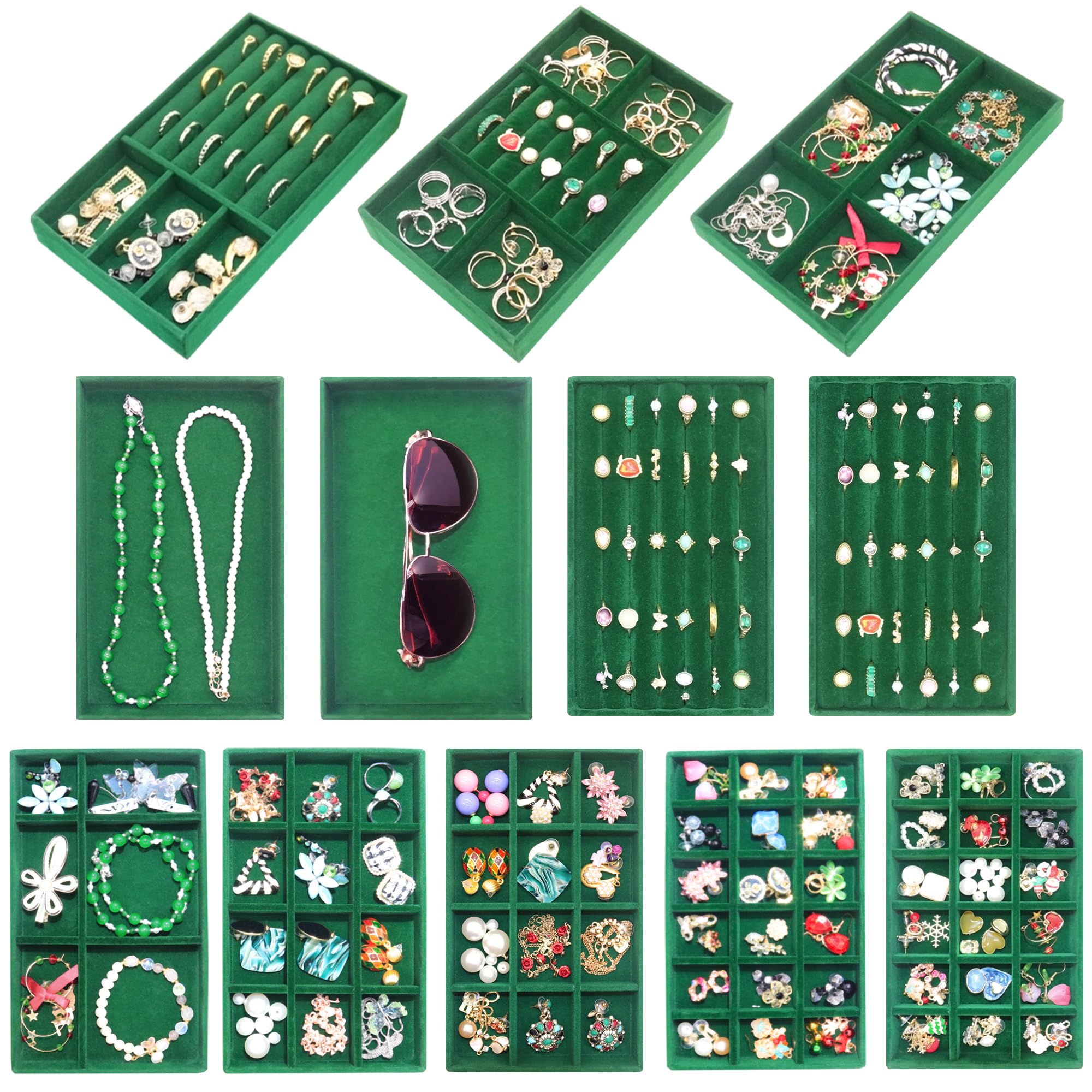 Velvet Jewelry Tray 12 Set Stackable Jewelry Organizer Trays for Drawers Rings Earrings Necklaces Bracelet Watch Display Case (12 Count)