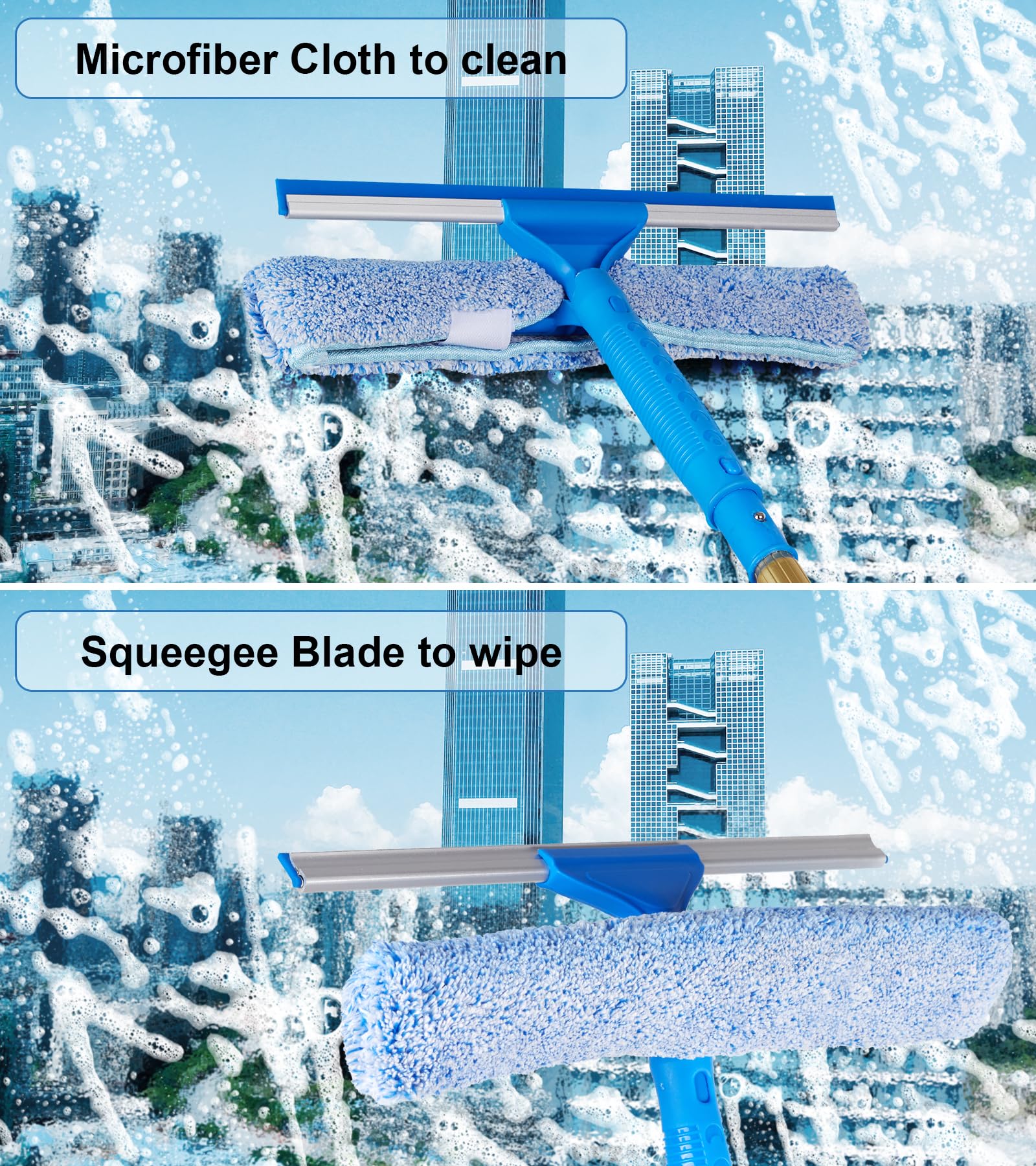 2 in 1 Window Squeegee Cleaning Kit with Aluminum Alloy Extension Poles