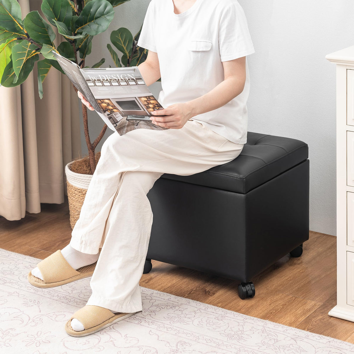Modern Tufted Faux Leather Storage Ottoman with Wheels