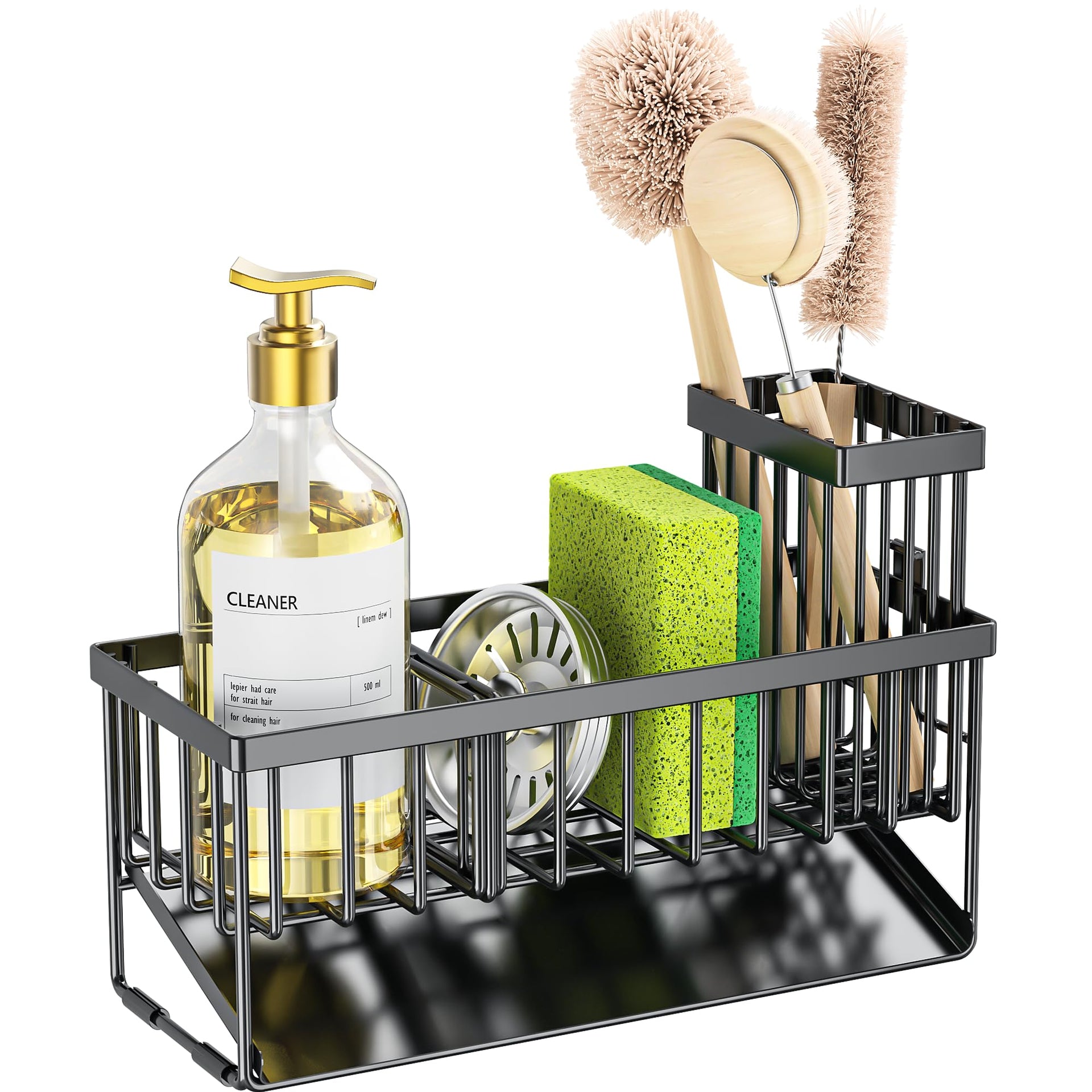 Sink Caddy Sponge Holder for Kitchen with Brush Holder and Stainless Steel Self Drain Tray