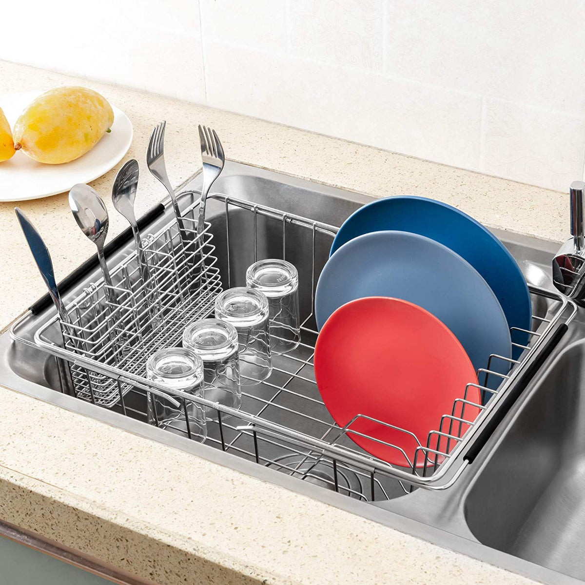 Large Expandable Dish Drying Rack Dish Rack Drainer with Stainless Steel Utensil Holder Over The Sink Dish Drainer Dish Rack in Sink On Counter