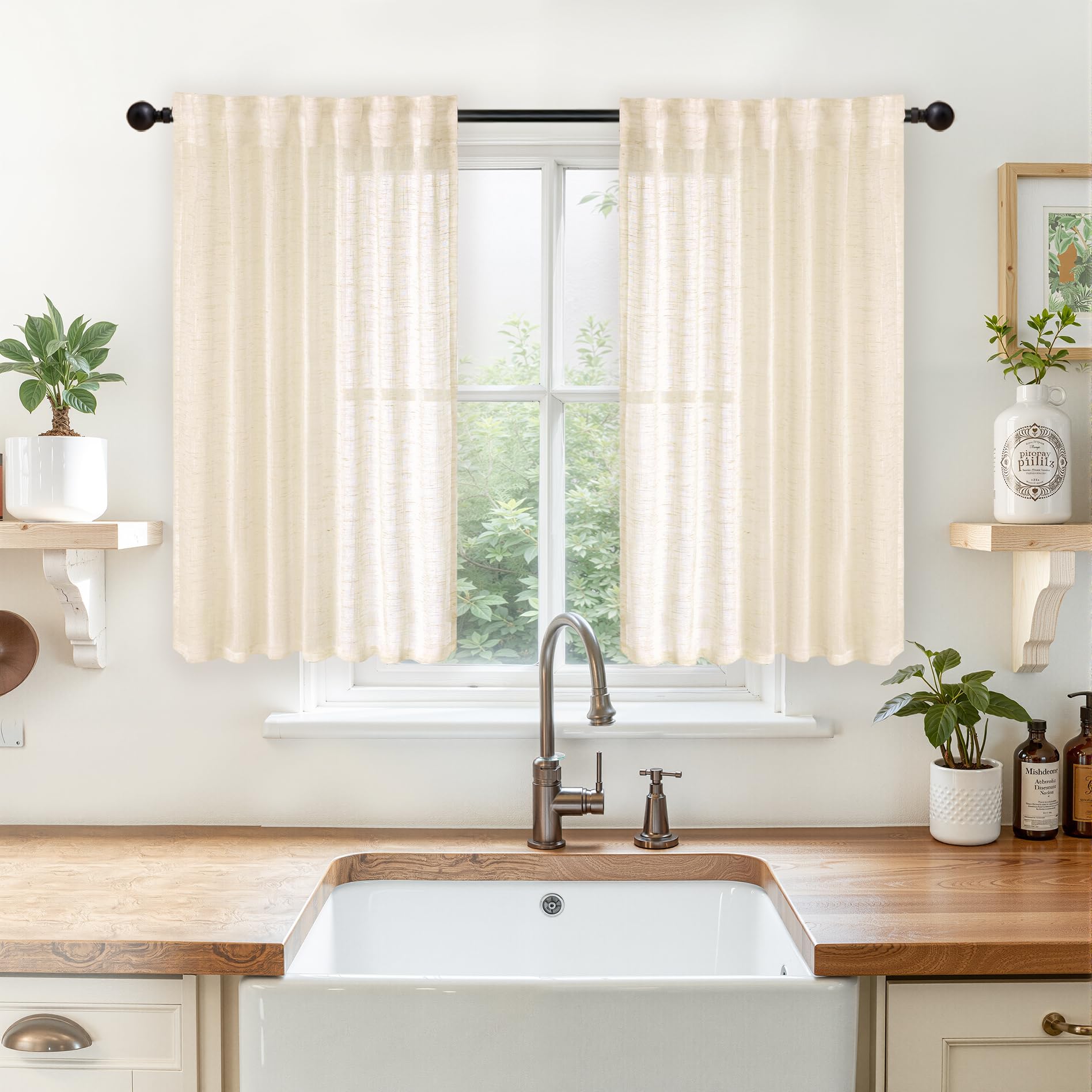Linen Semi Sheer Curtains 40 Inch Length for Kitchen Window (2 Count)