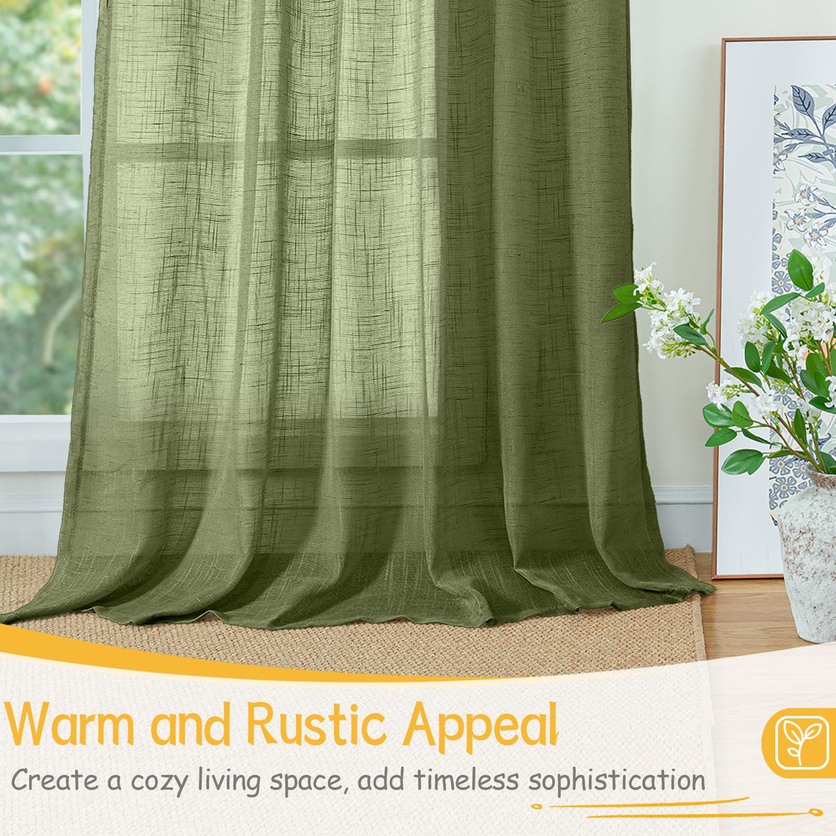 Olive Green Linen Semi Sheer Curtains 63 Inch Length (2 Count)