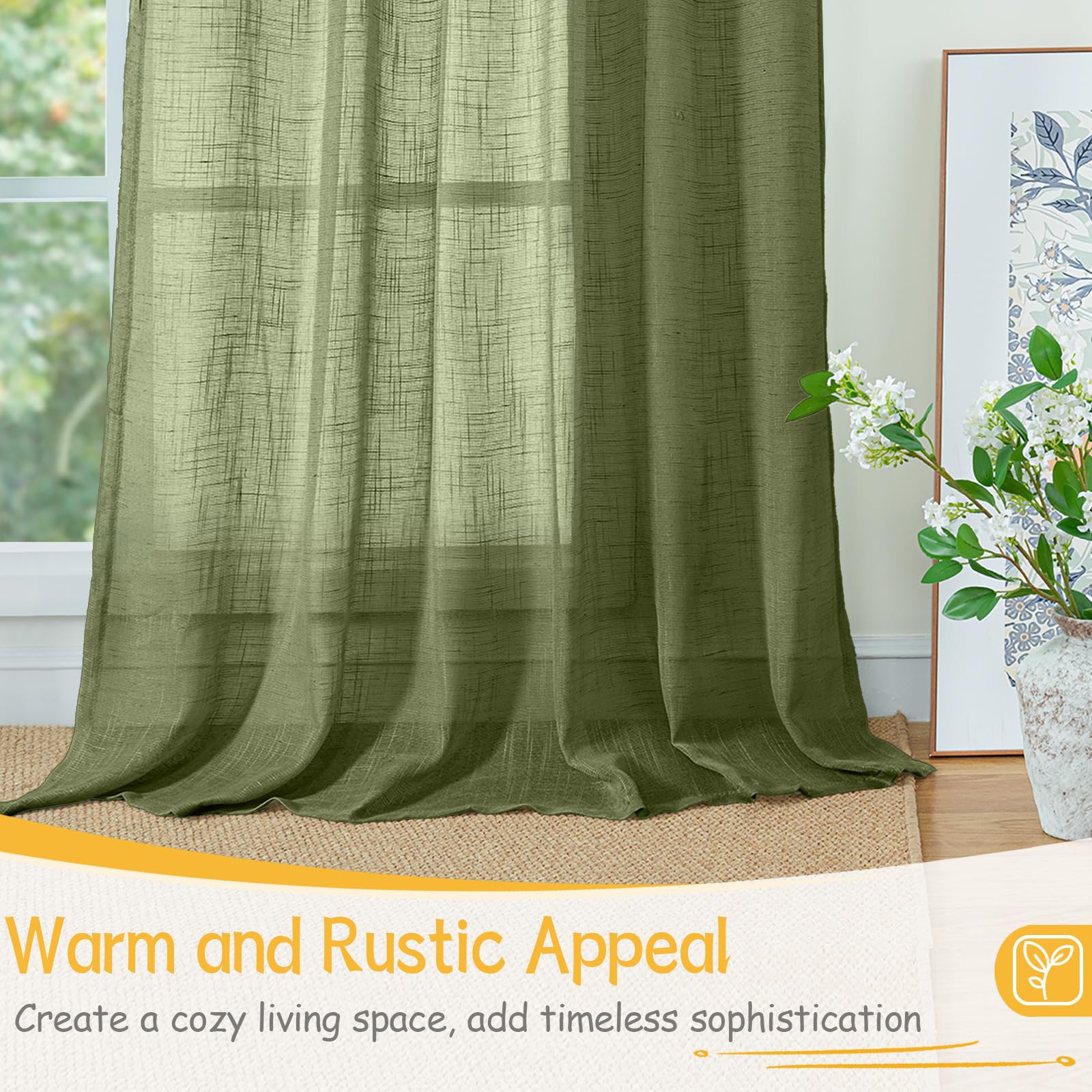 Olive Green Linen Semi Sheer Curtains 90 Inch Length (2 Count)