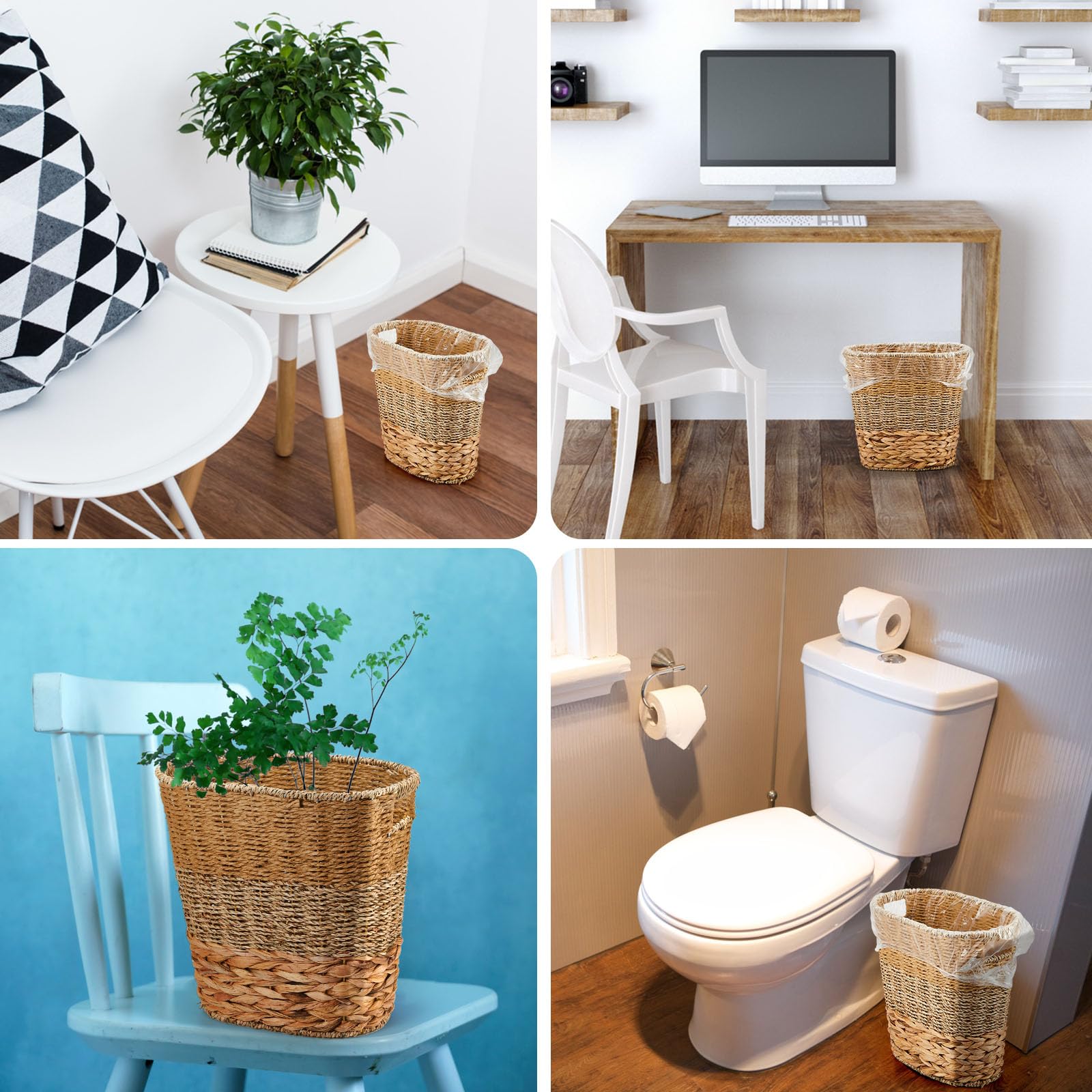 2 Pcs Wicker Trash Can with 50 Small Trash Bag Wicker Waste Woven Basket with Handles Clear Multi Use Garbage Bags for Bathroom Kitchen Bedroom (52 Count)