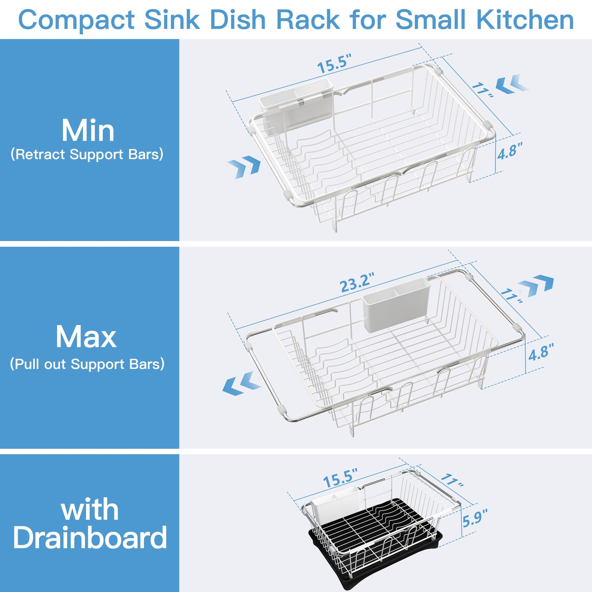 White Dish Drying Rack in Sink with Drainboard and Utensil Holder
