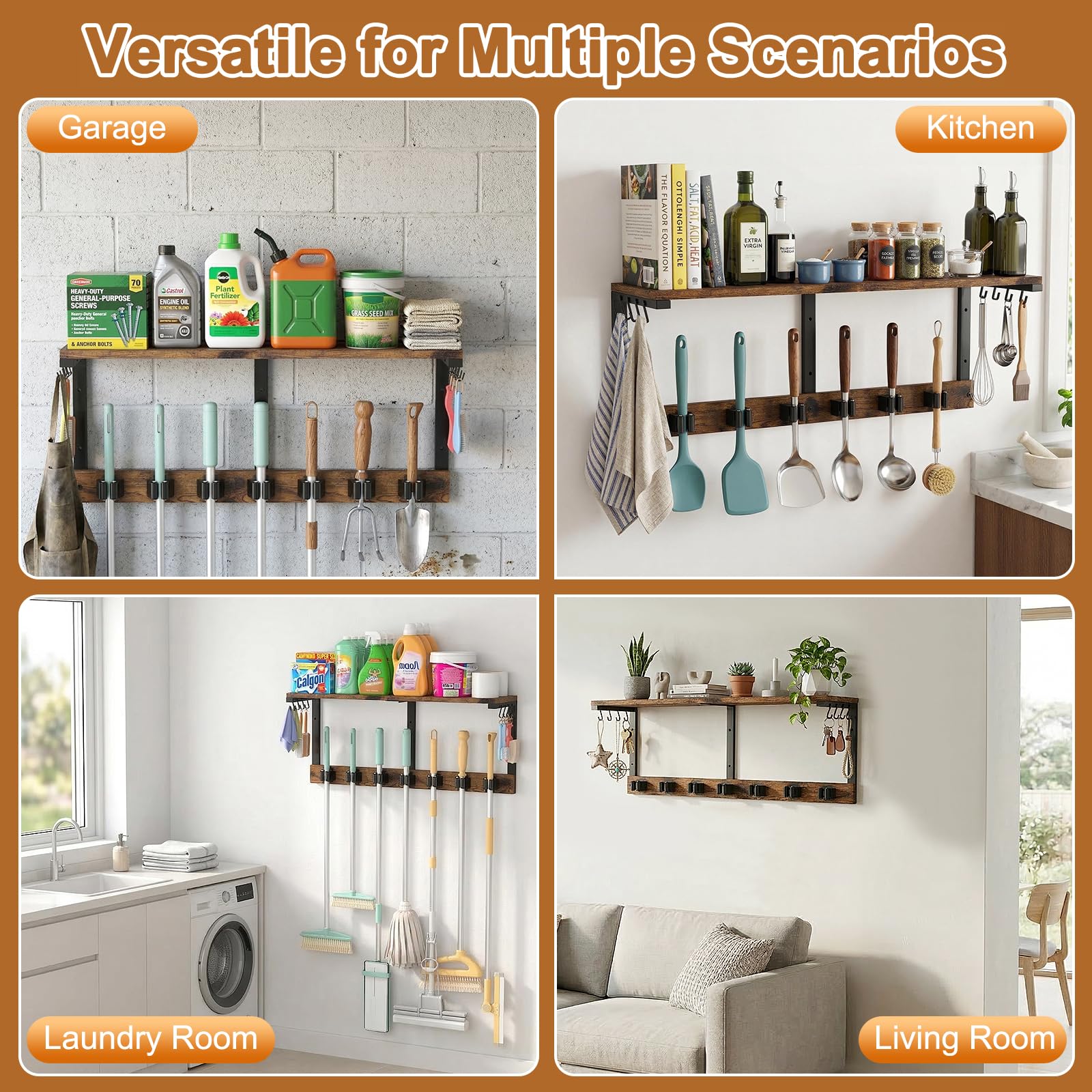 Wall Mount Broom Holder Laundry Room Storage Organizer Shelves