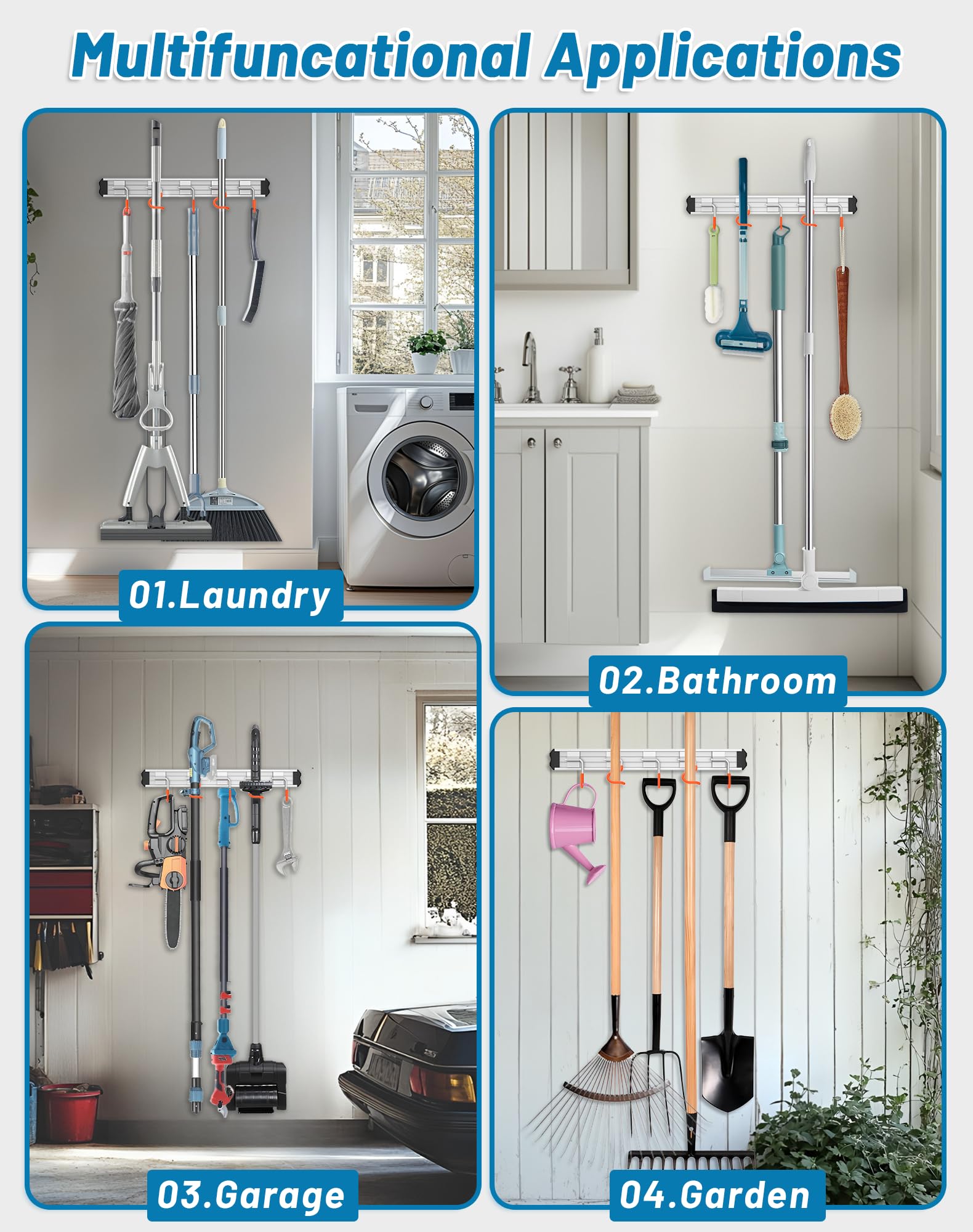 Mop and Broom Holder Wall Mount Garden Tool Rack Organizer (4 Count)