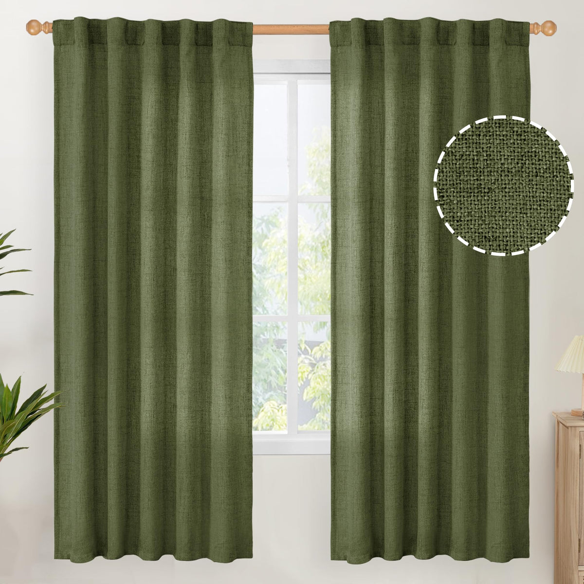 Olive Green Linen Curtains for Living Room 72 Inch Length (2 Count)