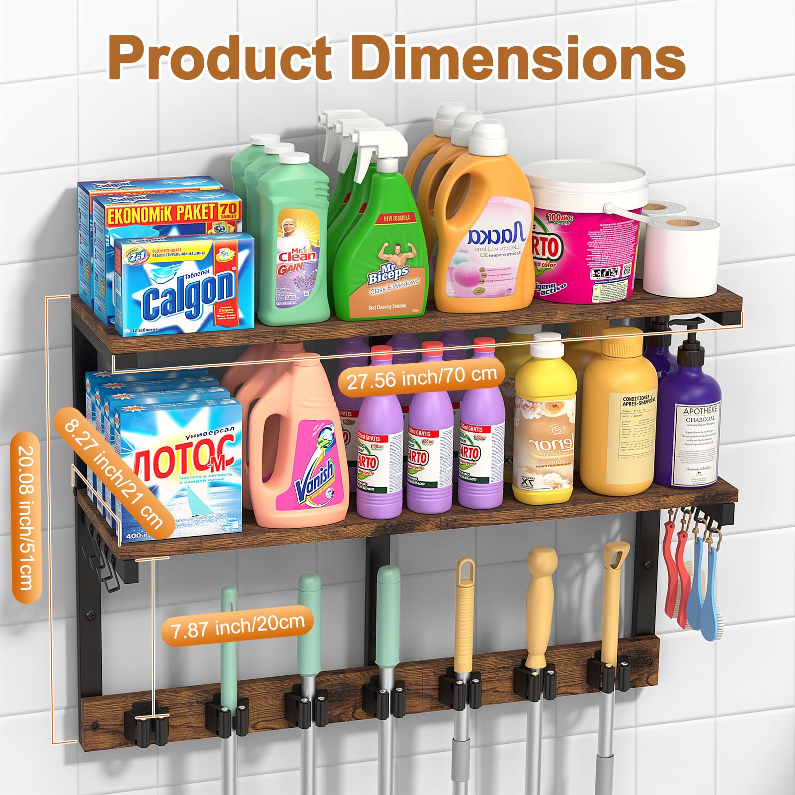 Wall Mount Broom Holder Laundry Room Storage Organizer Shelves