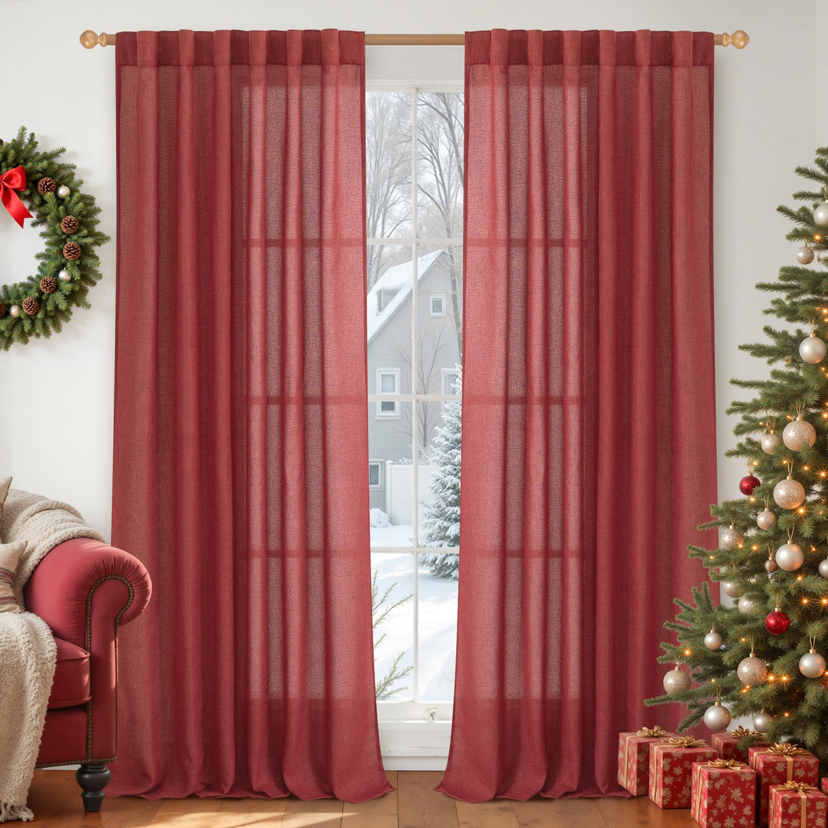 Burgundy Red Linen Curtains 84 Inch Length for Living Room Deocr (2 Count)