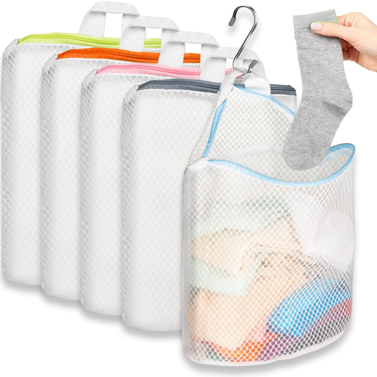 5Pcs Hanging Laundry Bags for Socks with S Hooks (5 Count)
