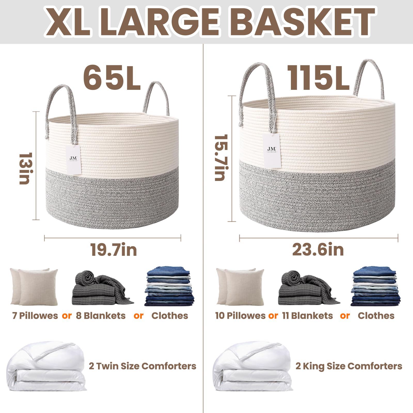 115L Extra Large Machine Washable Cotton Rope Blanket Basket
