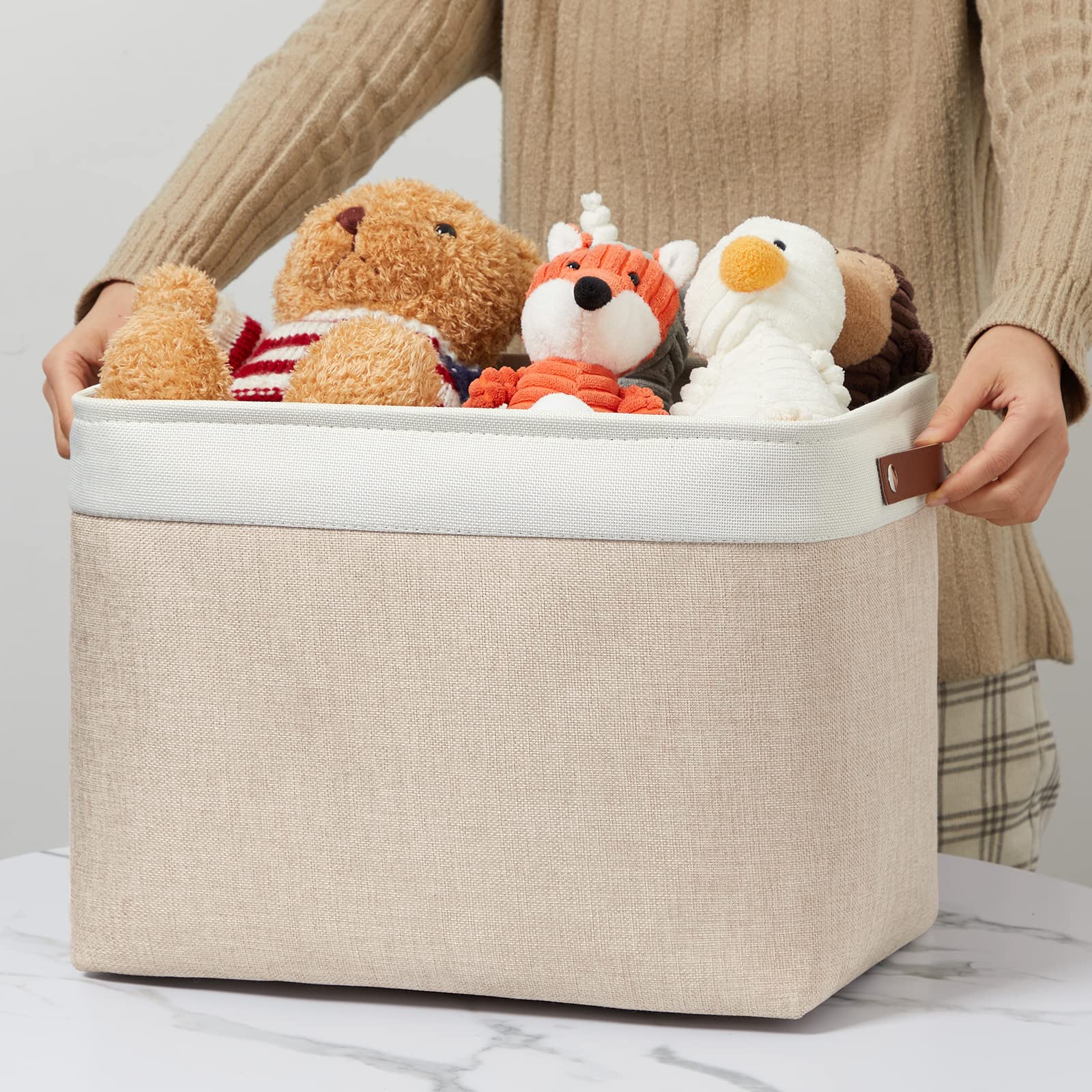 2 Pack Large Storage Baskets for Organizing 16"x12"x12" Canvas Fabric Storage Basket Bins With Leather Handles for Shelf Clothes Empty Gift Basket (2 Count)