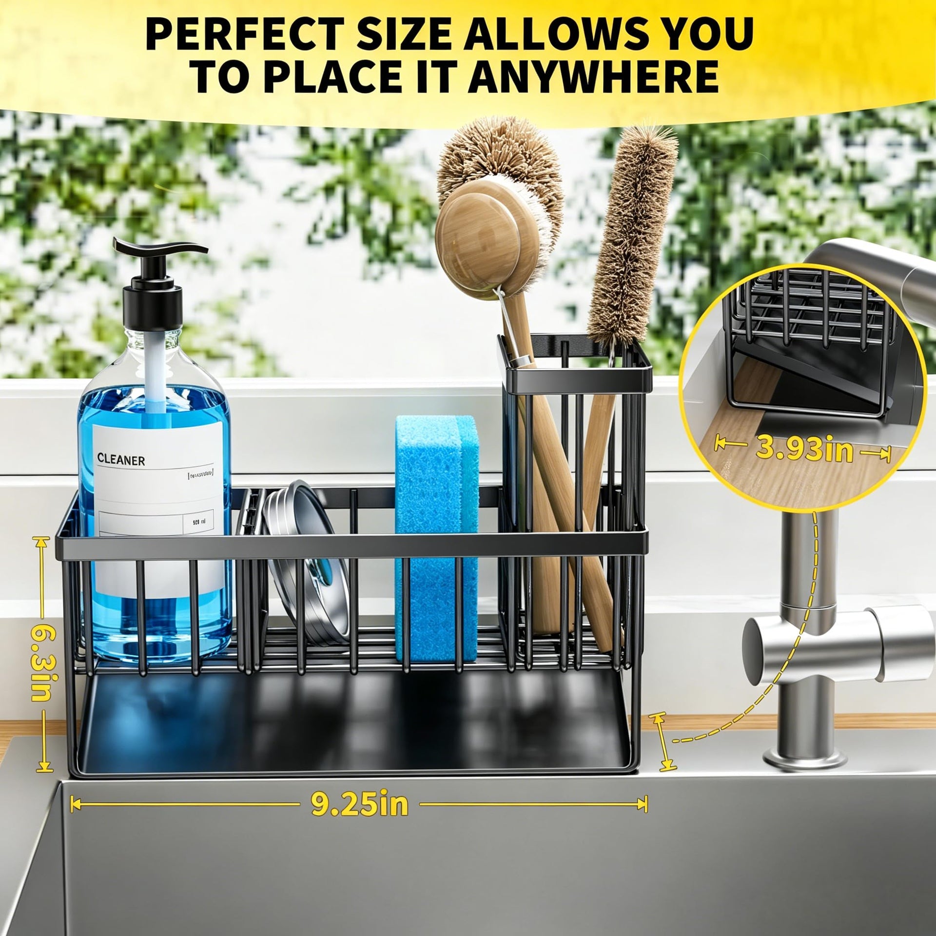 Sink Caddy Sponge Holder for Kitchen with Brush Holder and Stainless Steel Self Drain Tray