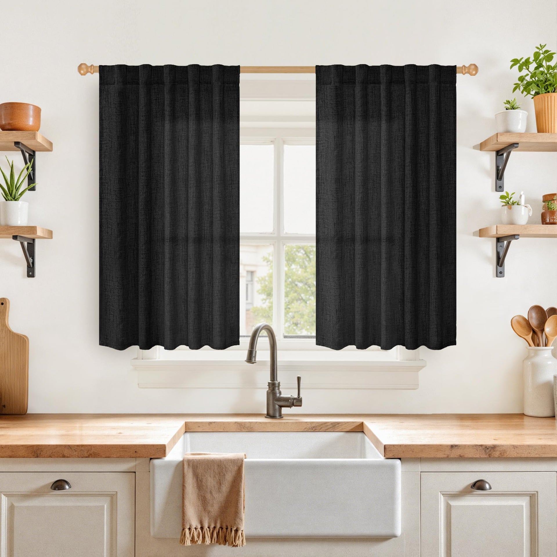 Black Linen Curtains 40 Inches Long for Kitchen Cafe Window (2 Count)