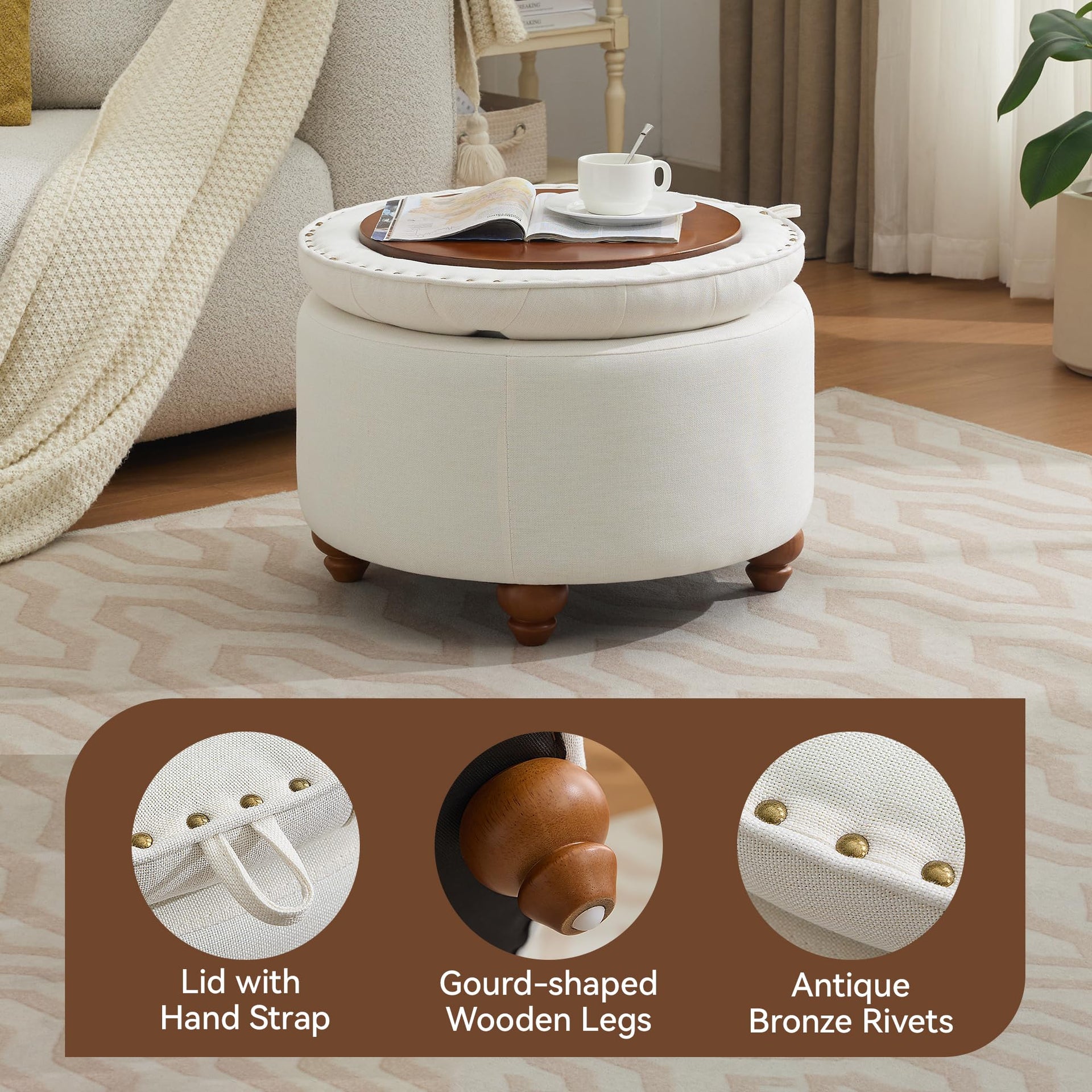 24Inch Round Storage Ottoman with Tray