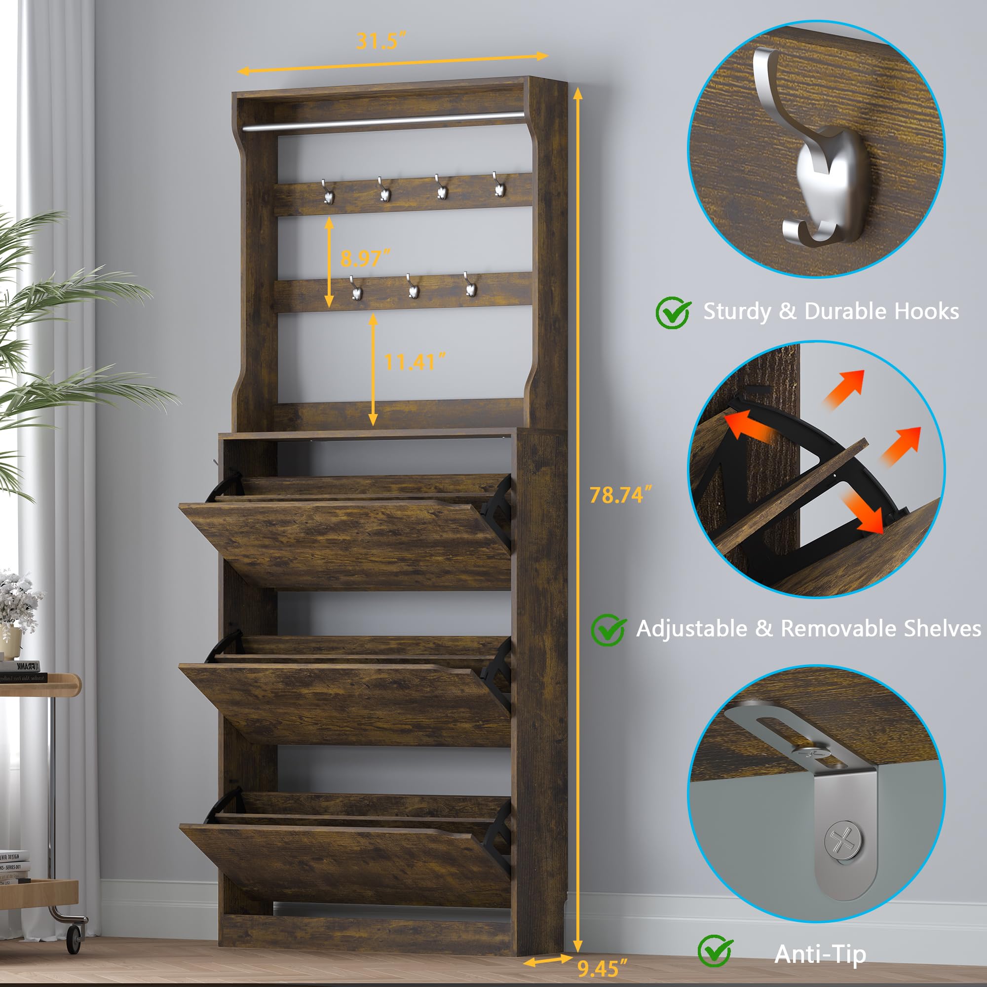 Shoe Cabinet with 3 Flip Drawers & Coat Rack