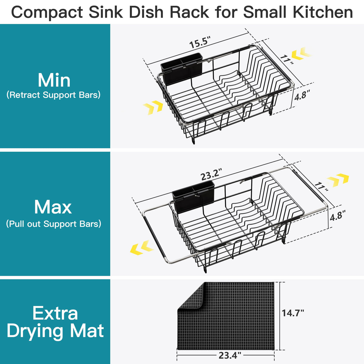 Black Dish Drying Rack in Sink with Mat