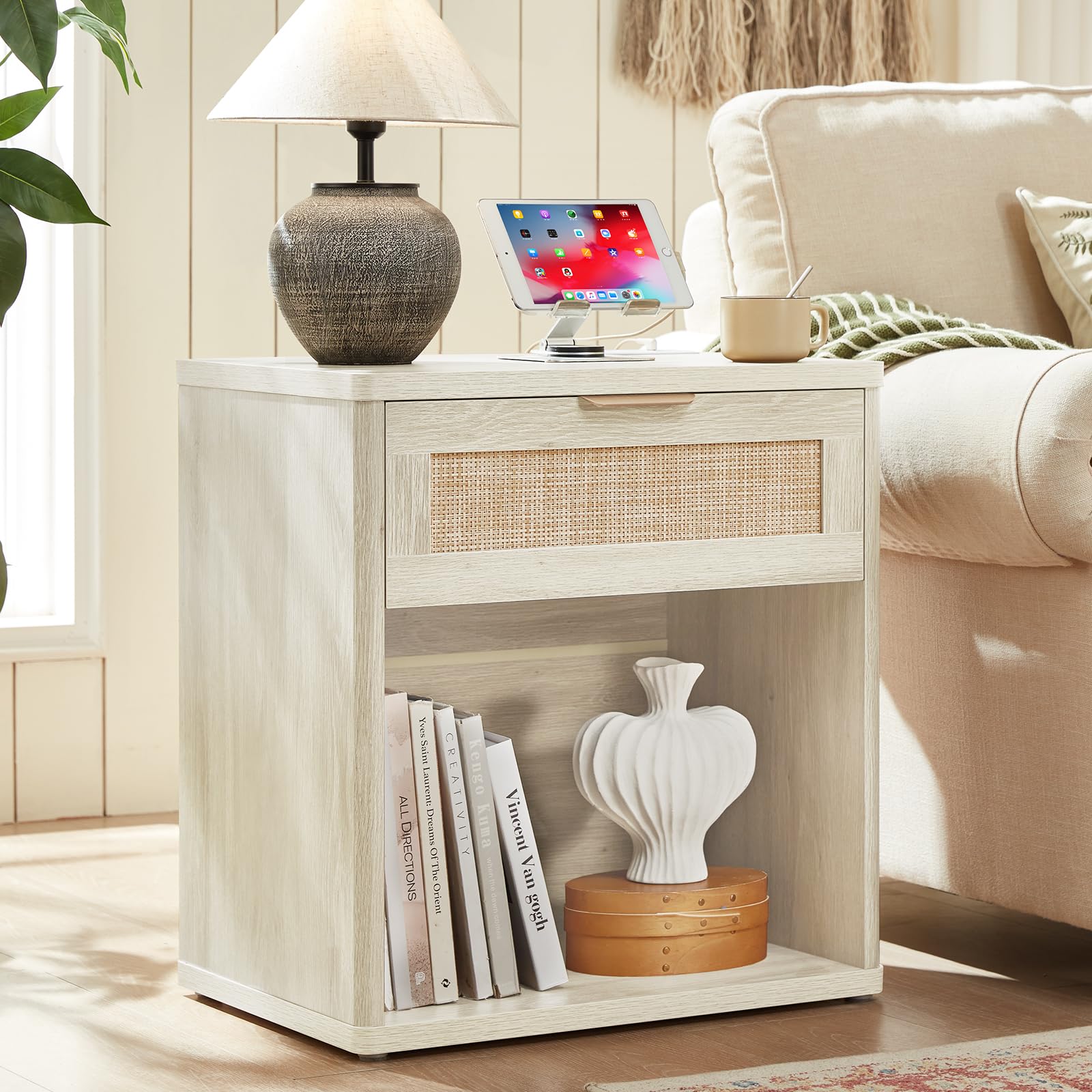 Rattan Nightstand with Charging Station