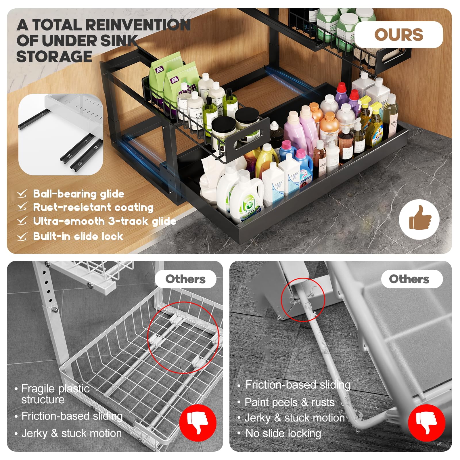 1 Pack-16"-26"W Expandable Under Sink Organizer With Upgrade Ball-Bearing Slide,2-Tier Pull Out Under Cabinet Organizer Height Adjustable,Not Suitable For Cabinets With Partitions In The Middle