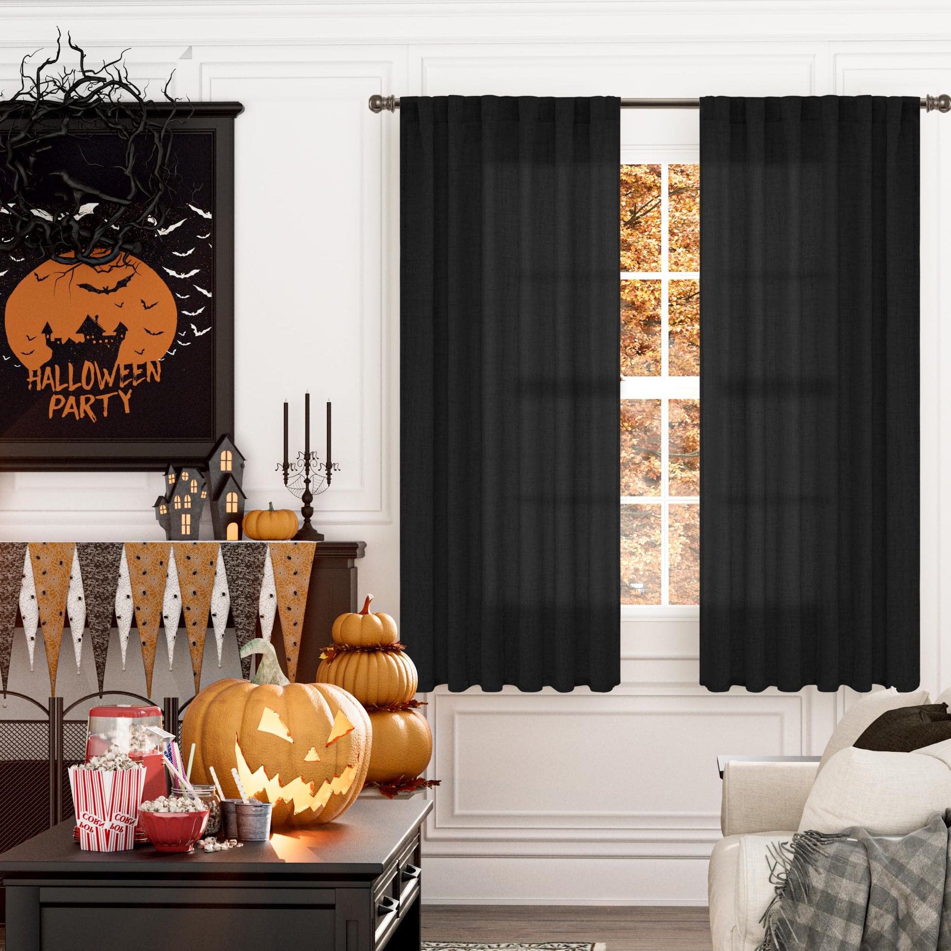 Black Linen Semi Sheer Curtains 52 X 63 Inch Length 2 Panels (2 Count)