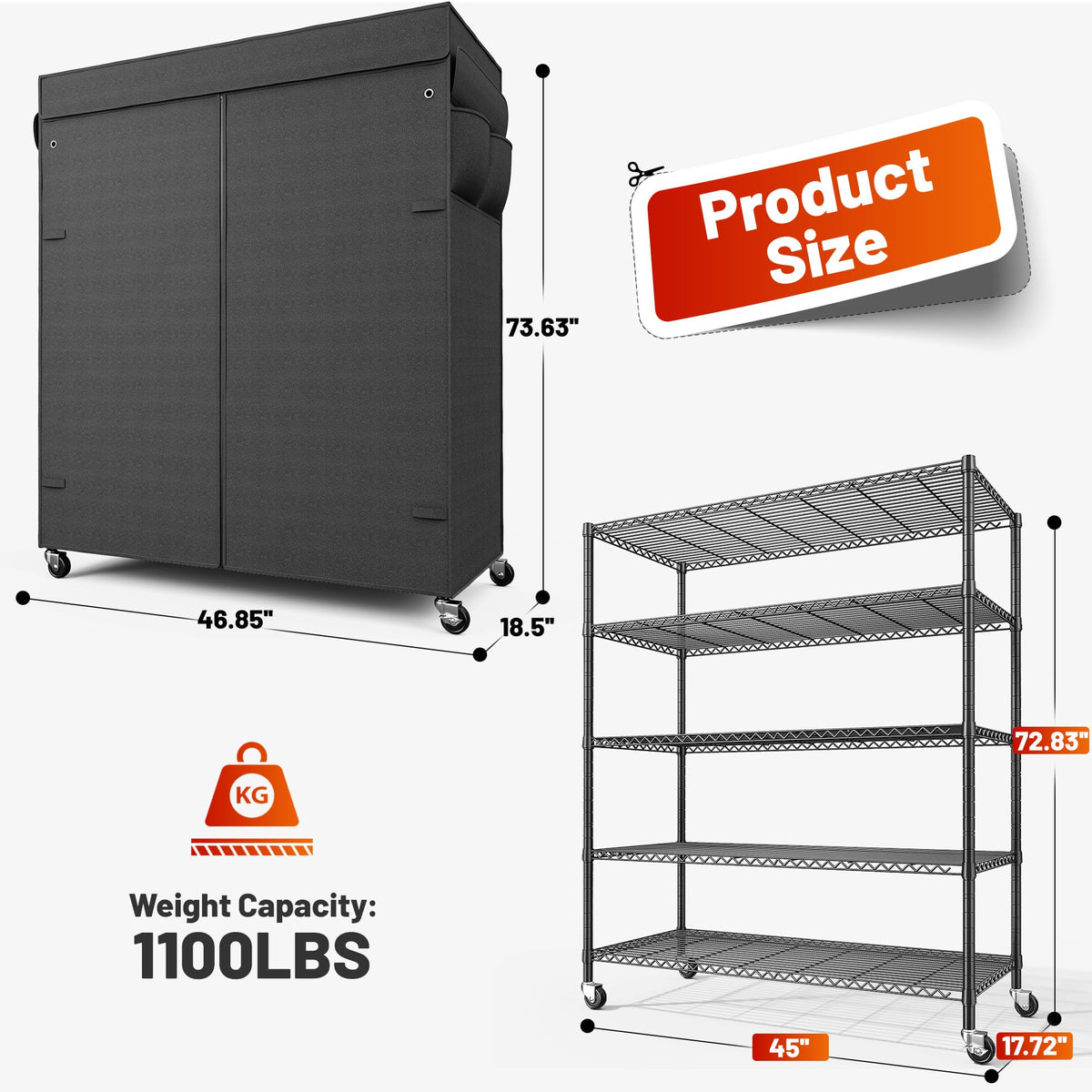 45"W 5 Tier Storage Shelves with Cover & Wheels