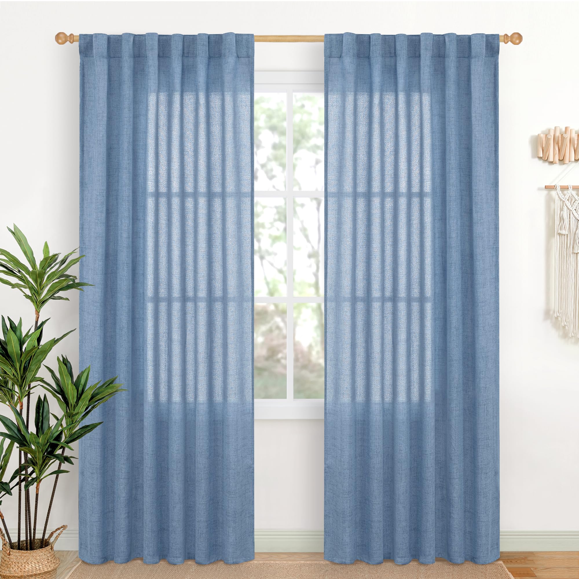 Light Blue Linen Curtains 80 Inch Length for Living Room (2 Count)