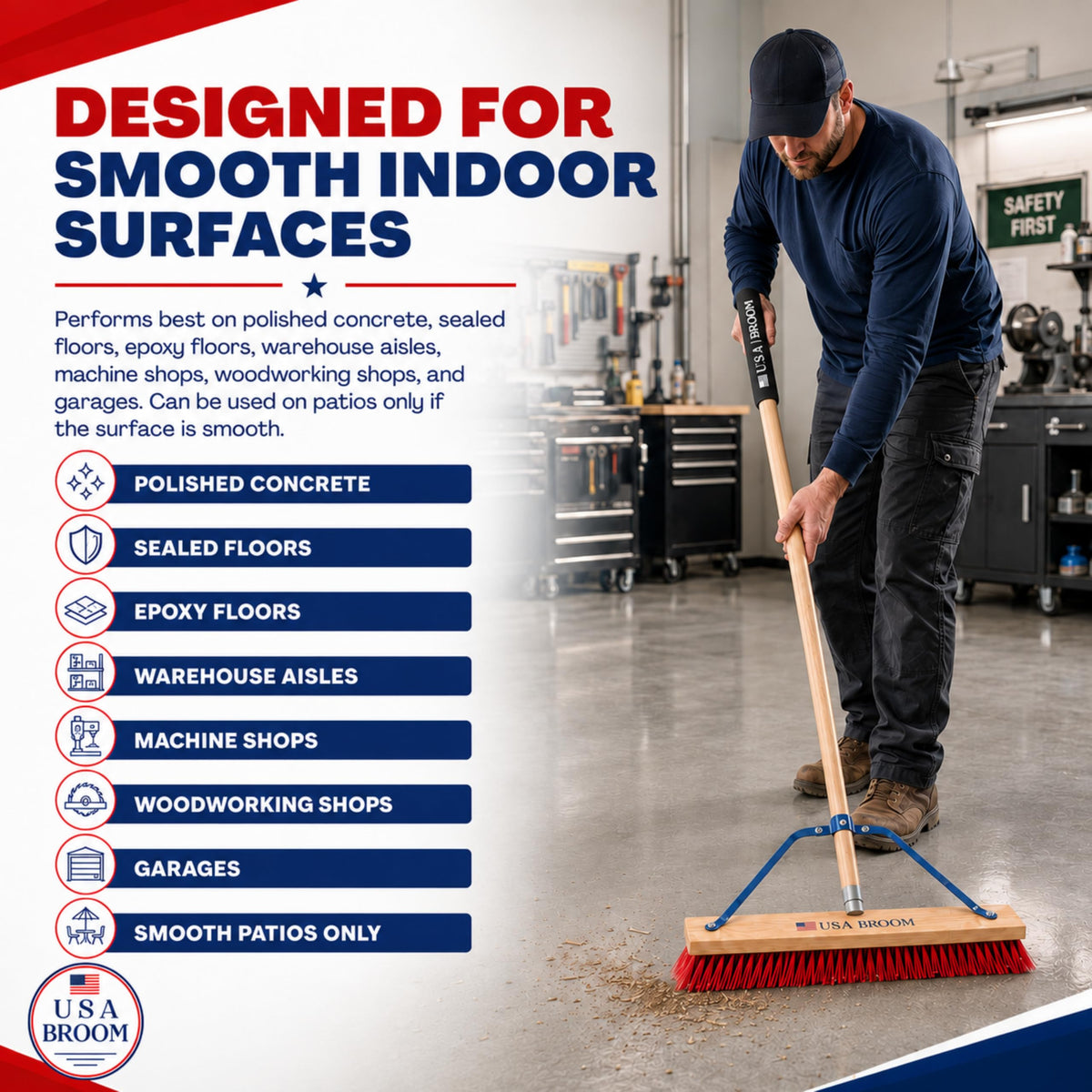 4-Pack - 24" Soft Sweep Indoor Push Broom with 60" Handle. Ideal for Epoxy & Polished Floors. Durable American Made Steel Brackets-Stainless Steel Hardware. No Plastic. 100% USA Made (4 Count)