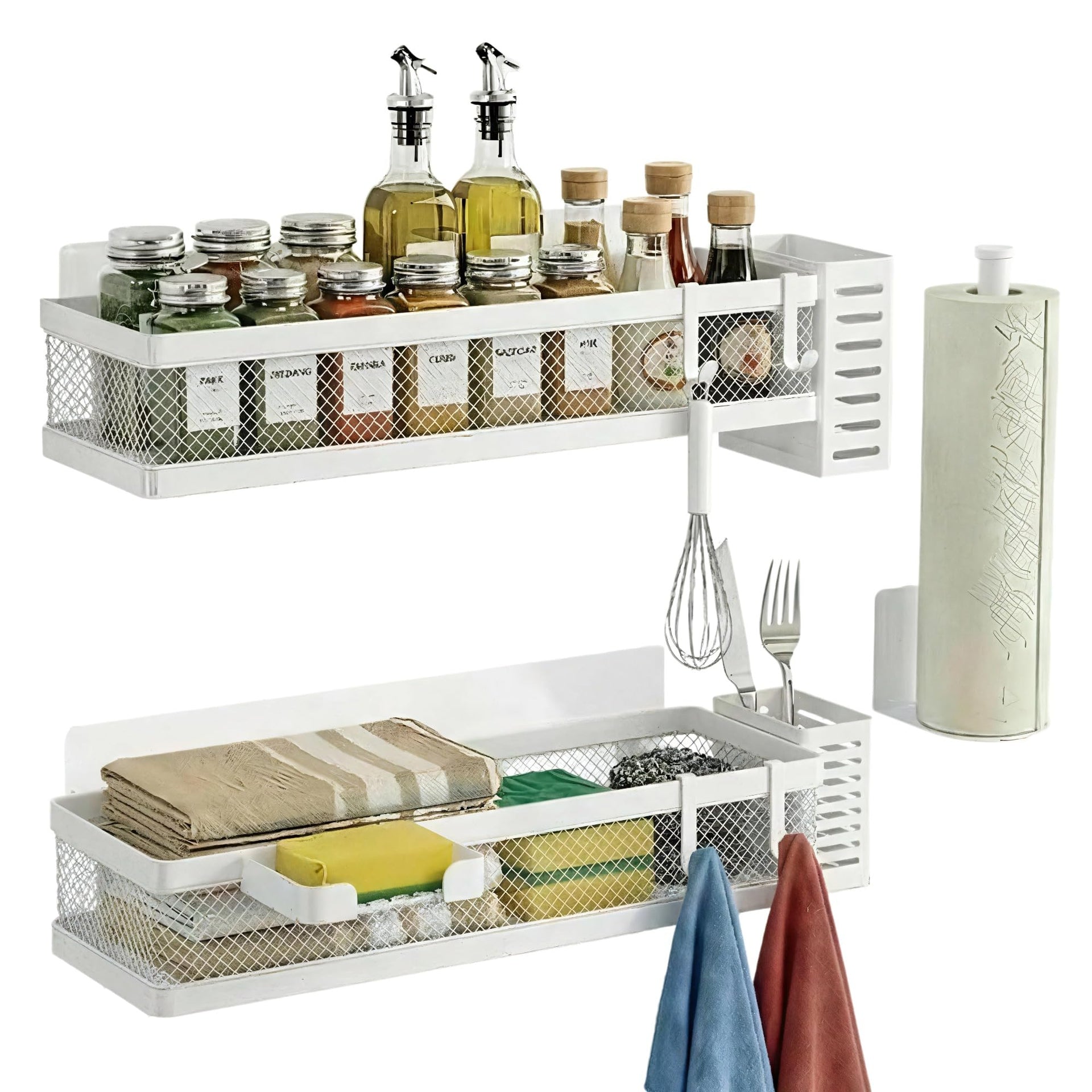 5-in-1 16.5" Extra Long Slim Wall Mount Wrapped Mesh Kitchen Organizer & Shower Caddy Kit, with Paper Towel Holder, Utensil Holder, Soap Dish, Holds 50LBS - White, Netting