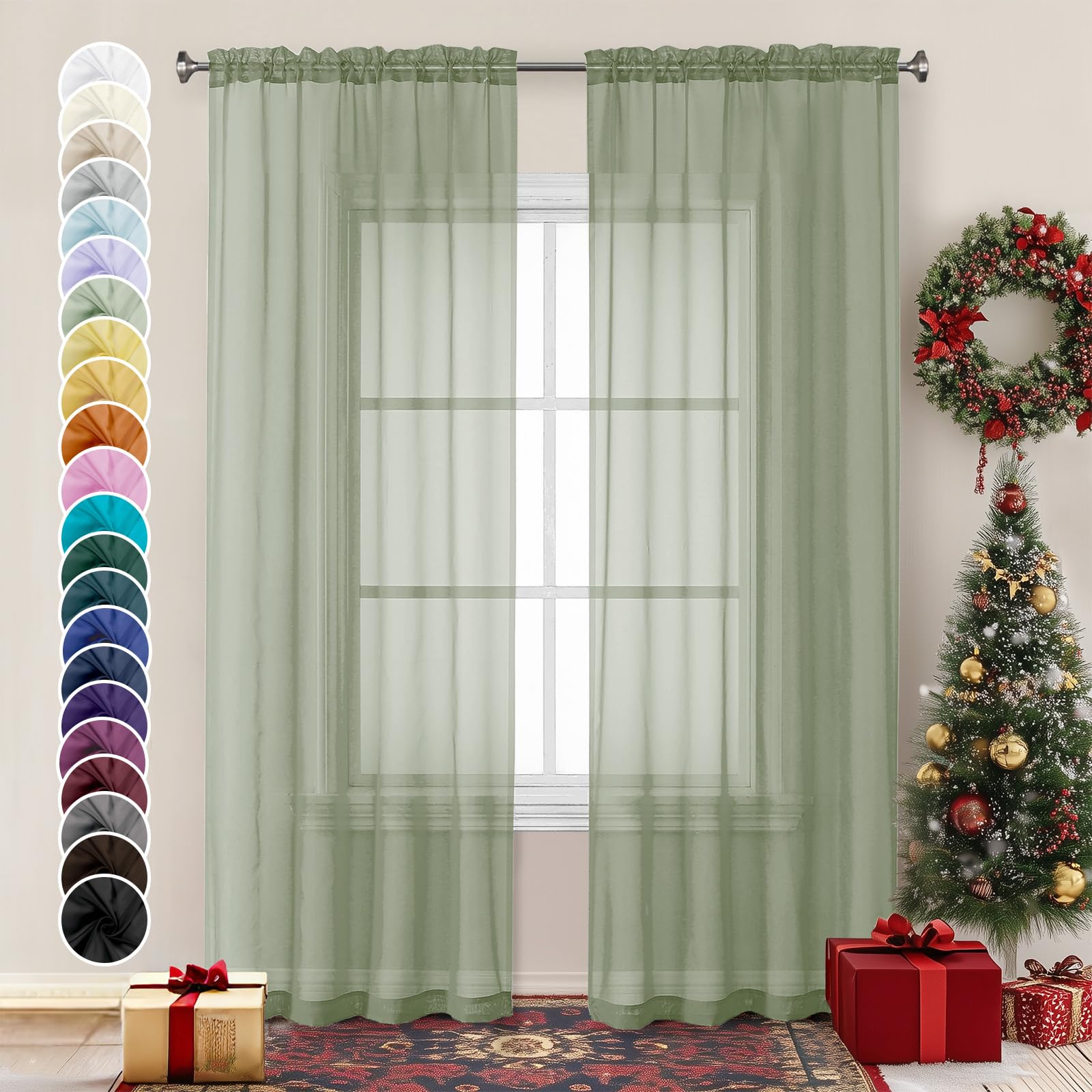 Sage Green Sheer Curtains 84 inches Long 2 Panels