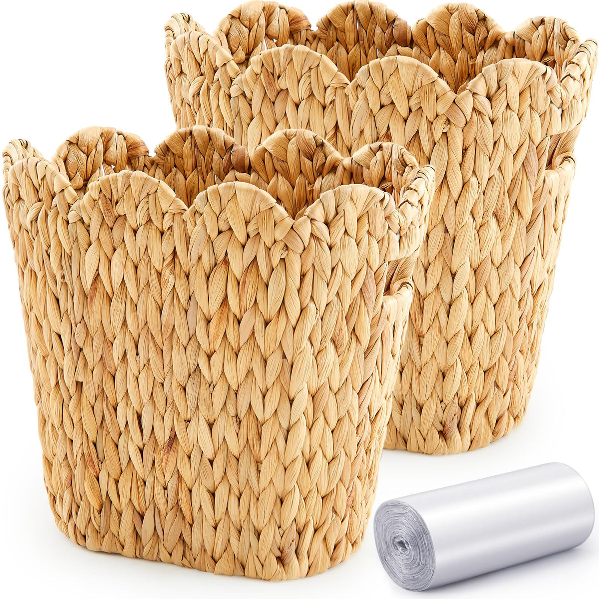 2 Pcs Wicker Trash Can with 50 Small Trash Bag Wicker Waste Woven Basket with Handles Clear Multi Use Garbage Bags for Bathroom Kitchen Bedroom (2 Count)