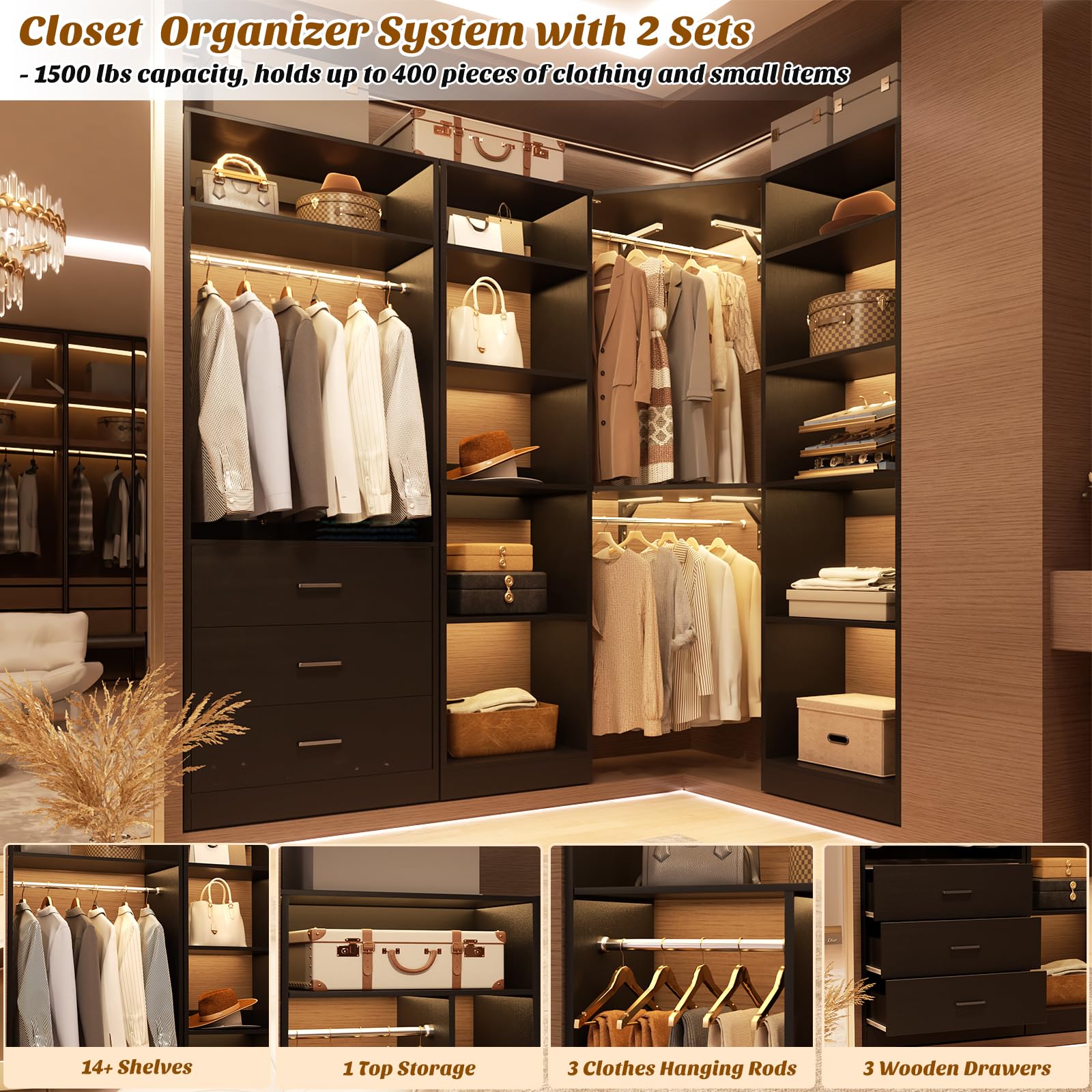 Corner Closet System with 3 Drawers