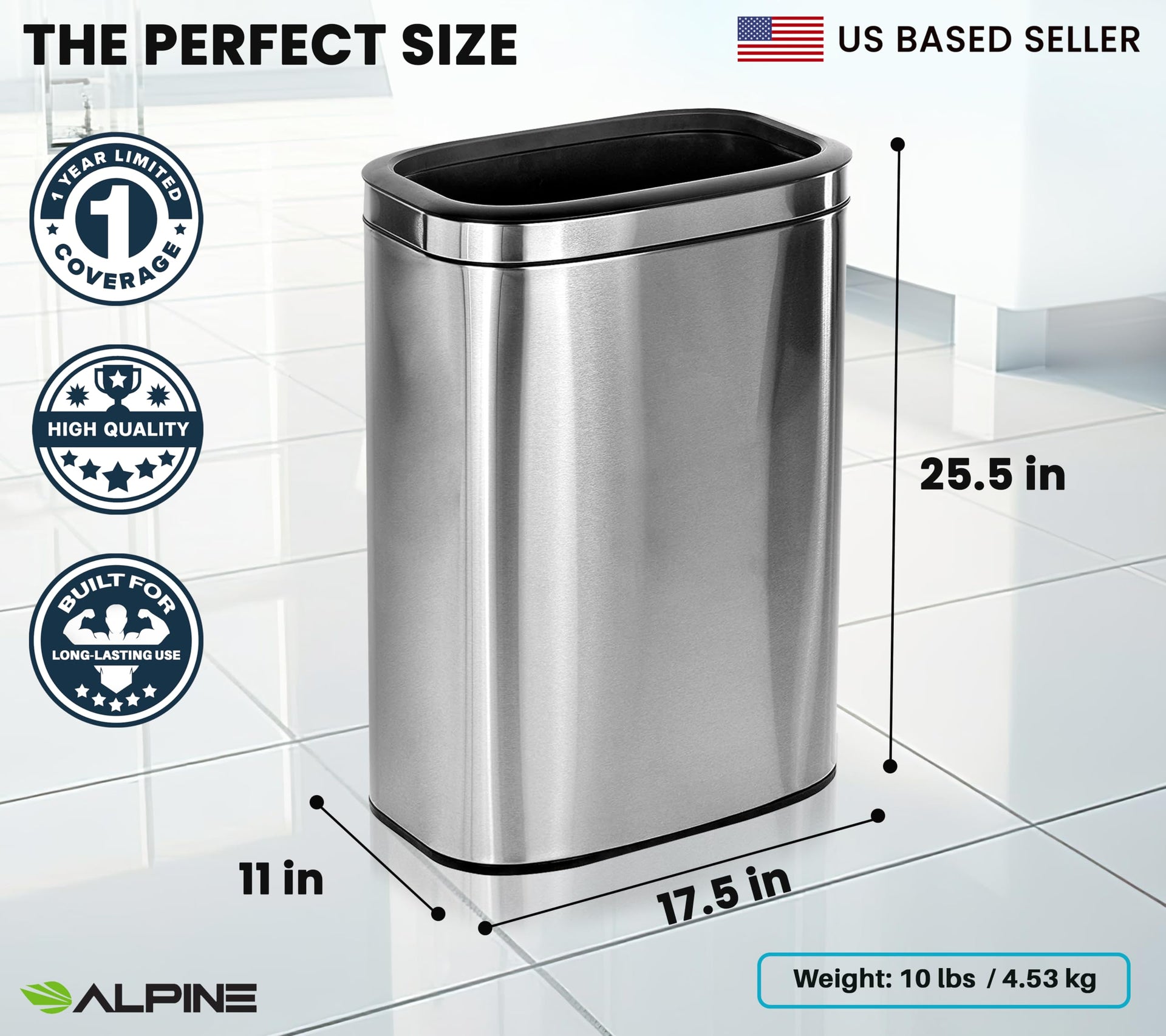 Stainless Steel Open Top Trash Can 10.5 Gallon