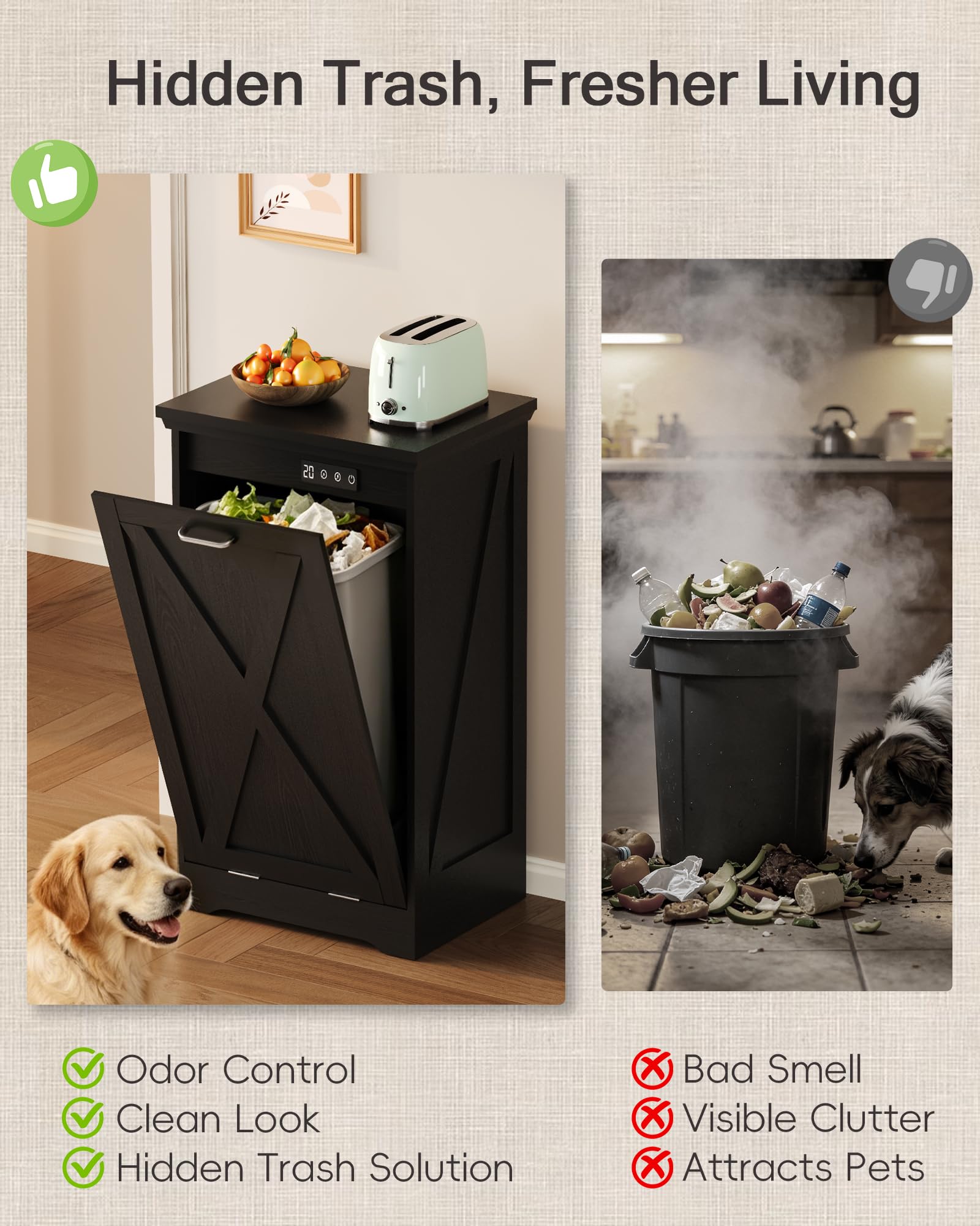 Single 13 Gallon Tilt Out Trash Can Cabinet with Deodorising Function