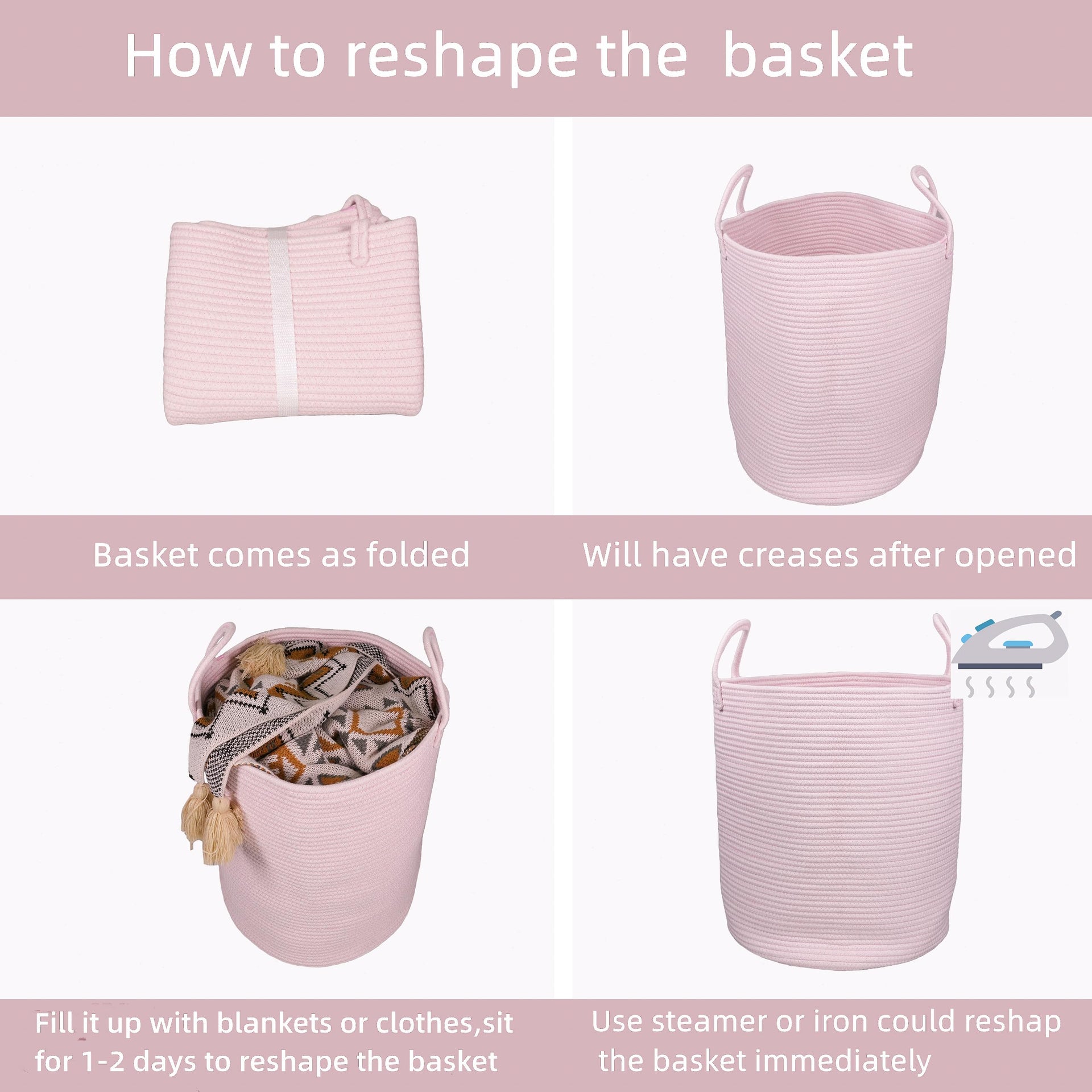 Cotton Rope Laundry Basket Hamper for Clothes Large Light Pink