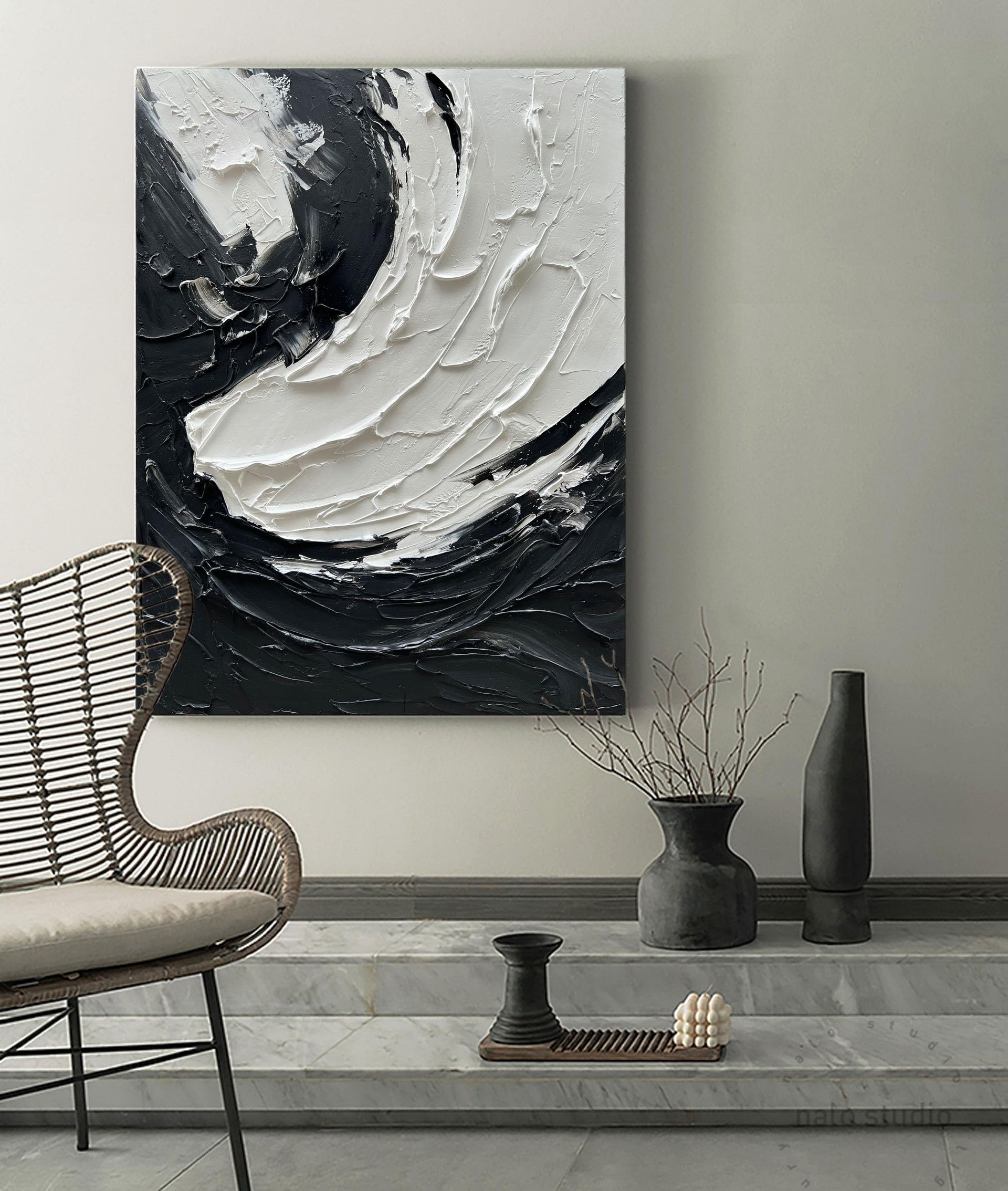 Art Minimalist Style Black and White Abstract Oil Painting. Pure Hand