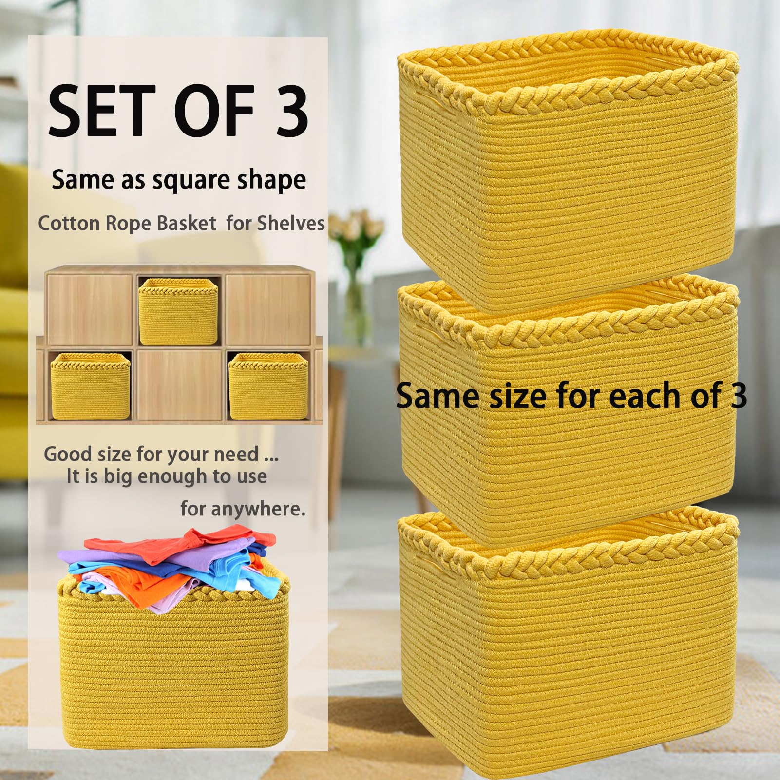 3PACK Cotton Rope Square Basket with Handles for Shelves (3 Count)