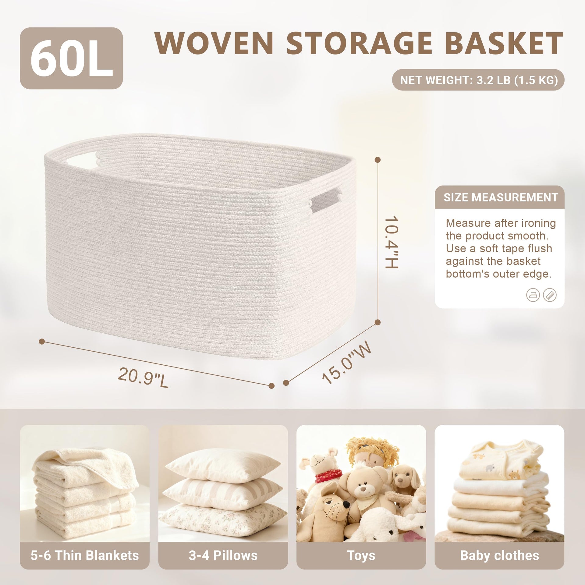 60L Woven Laundry Basket Hamper with Handles