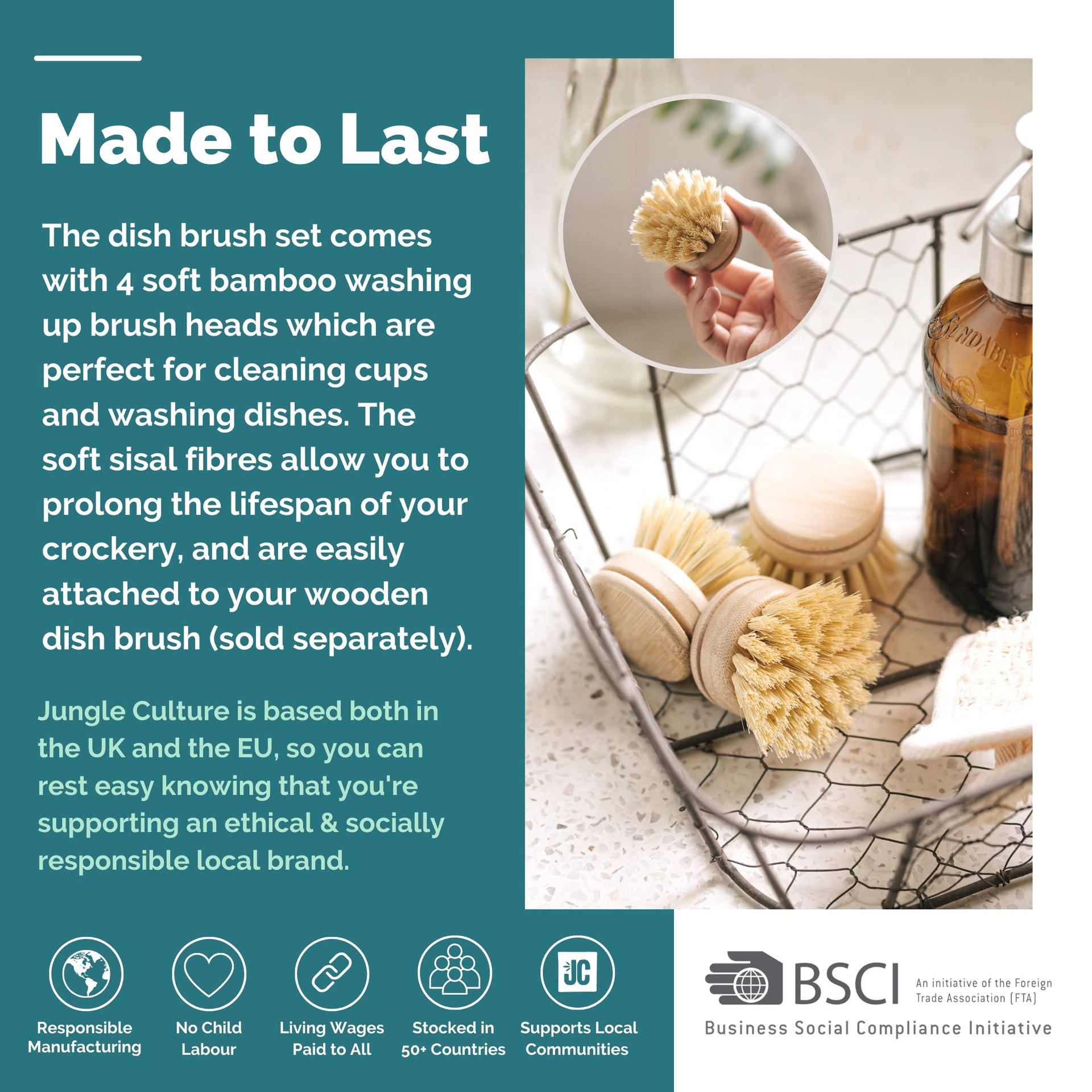 Soft Replacement Dish Brush Heads • 4 Pack Sisal Refills (4 Count)