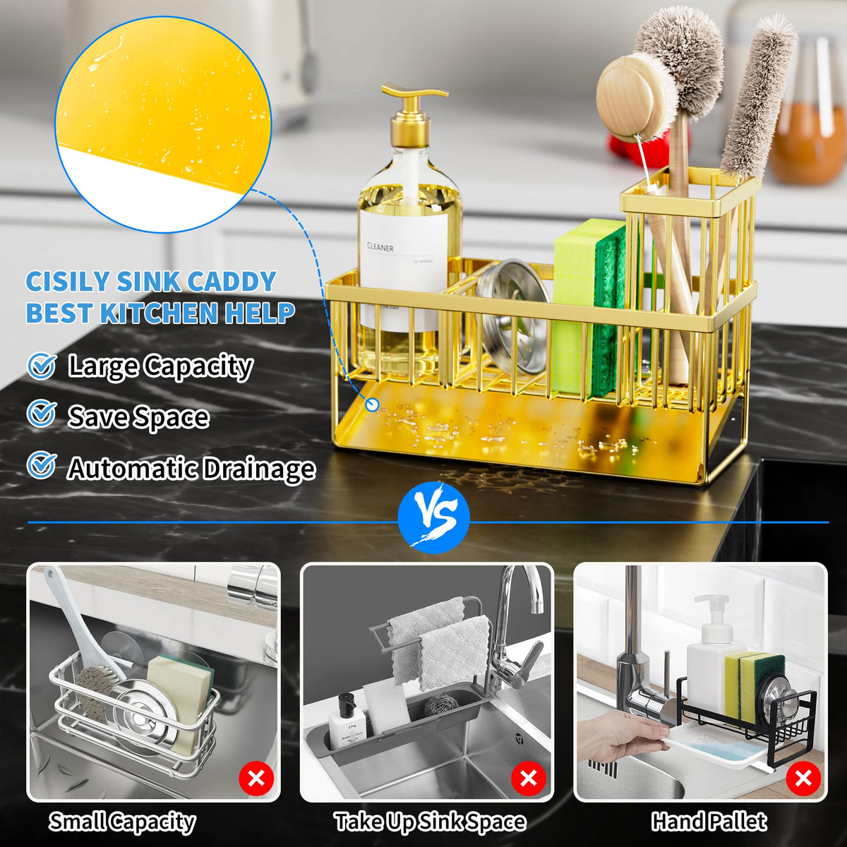 Gold Kitchen Sink Caddy Organzier with High Brush Holder