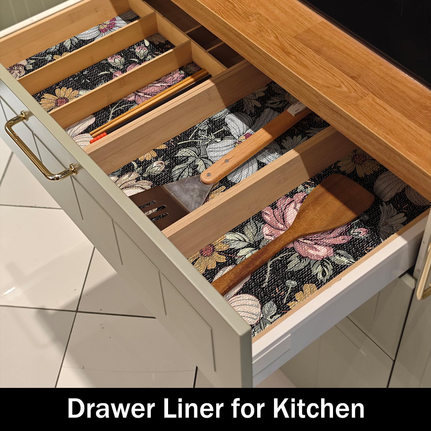Black Retro Floral Shelf Drawer Liner for Kitchen 16IN x 10FT (12.96 Sq Ft)