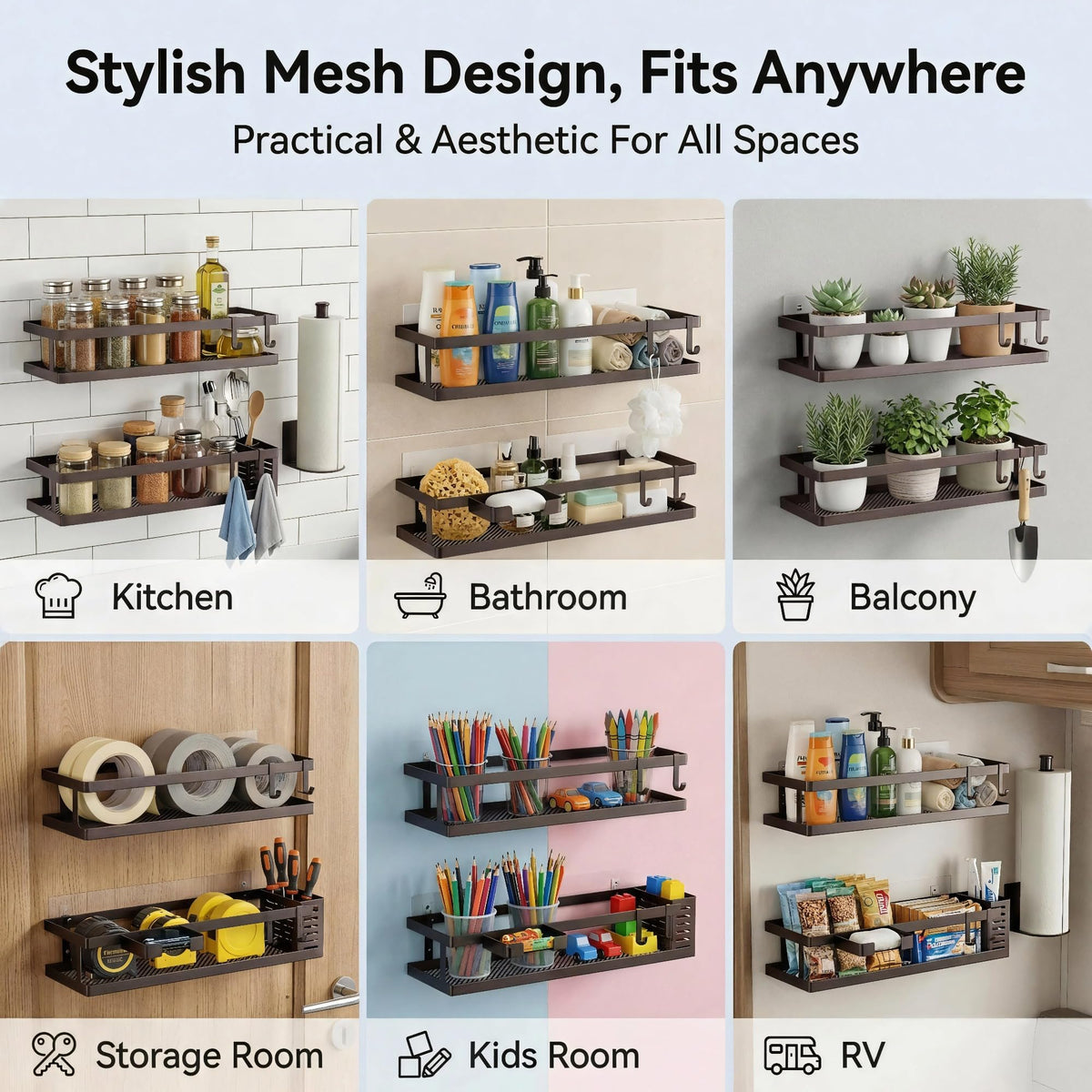 5-in-1 16.5" Extra Long Kitchen Organizer & Shower Caddy Set, Wall Mount Spice Rack with Paper Towel Holder, Utensil Holder & Soap Dish, Rustproof Mesh Storage Rack, Vintage Bronze, Guardrail